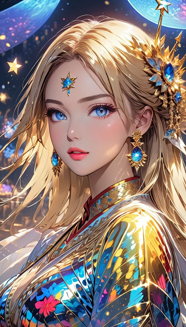 ( best image quality), 1 beautiful woman,Queen style 、Goddess Style、 holding a scepter in one hand ,Beautiful golden eyes、Beautiful lips、 Perfect Face 、 long blonde hair 、( perfect body),Precise facial expression depiction,whole body、青いstar空,star(Sparkling),clothing(Sparkling),( Masterpiece),( 8k wallpaper),myth, Fantasy Illustration Art 、