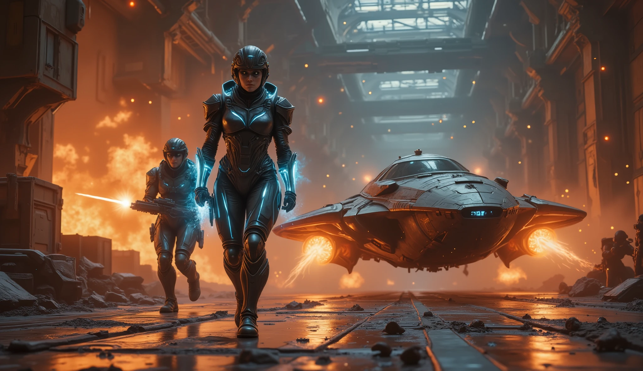 Inside a massive rebel space station hangar, chaos erupts as heavily armed Imperium Solari soldiers storm in, their sleek black-and-gold armor gleaming under the flashing red emergency lights. Their plasma rifles fire streaks of burning blue energy, striking metal crates and sending sparks flying. The air is thick with smoke, flashing alarms, and the echo of combat boots against steel floors.
Amid the mayhem, Elara Voss and Captain Doran sprint toward a compact but heavily modified starfighter. Elara, clad in her armored space suit with glowing cyan energy lines, moves with precision, her sharp blue eyes scanning for threats as she deflects a blast with her wrist-mounted energy shield. Behind her, Captain Doran, gripping a blaster pistol, fires cover shots, his grizzled face set with determination.
The starfighter itself, a sleek and agile spacecraft with a battle-worn hull, is already powering up, its thrusters glowing a vibrant orange. Rebel engineers take cover behind metal barriers, desperately returning fire. In the background, towering maintenance mechs collapse as explosions ripple through the hangar, sending shrapnel and debris into zero gravity.
The scene is a high-intensity escape, capturing the desperation and adrenaline of the moment as Elara and Doran make their last stand before launching into the abyss of space.
Style: Hard Sci-Fi, Cinematic Action, High Detail
Lighting: Dynamic and intense, flashing red emergency lights and plasma fire illuminating the scene
Resolution: 4K, Hyper-detailed, Realistic Space Art, Motion and Depth Effects