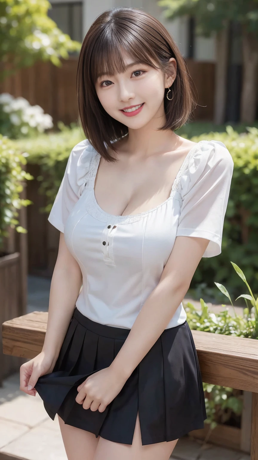 (8k, best quality, masterpiece, golden ratio composition,:1.3), (beautiful Japanese mature woman in her 30s), (huge breasts:1.5), (wearing a light white blouse and a mini skirt that matches the June season:1.5), smiling outdoors with a bright background