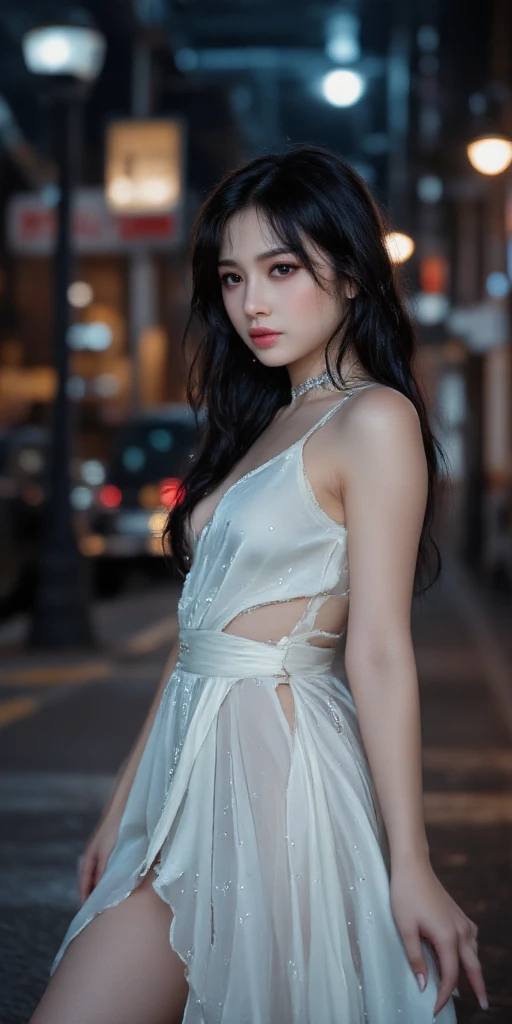 A K-pop idol perches seductively on a worn park bench under the soft luminescence of a moonlit night. Her toned physique glows in the darkness, her underboob shimmering like moonbeams. A revealing skirt frames her legs, while earrings and necklace accentuate her sultry gaze. As she whispers secrets to the night, her beauty is a masterclass in realistic proportions, set against a backdrop of misty trees and twinkling city lights.