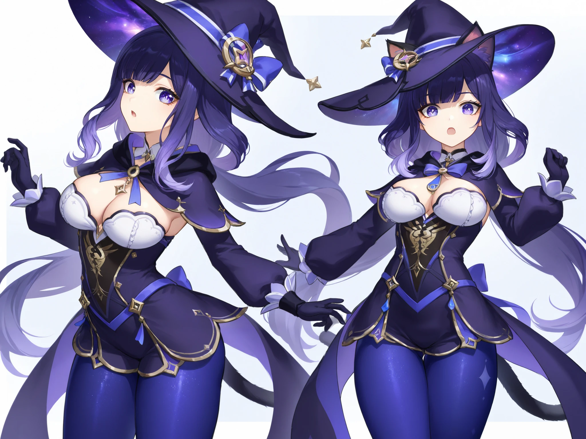 ((masterpiece)),(((best quality))),(character design sheet, same character, same outfit, front view, side view, back view), illustration, 1 girl, alone, beautiful girl, genshin impact style, full body, witch, purple witch costume, scholar mini skirt, scholar shirt, big witch hat, golden eyes, long black hair, medium breasts, corset, open legs, thick thighs, black tight thigh stockings, big butt.
