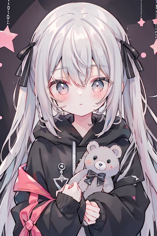 1girl, solo, stuffed toy, twintails, stuffed animal, pink background, upper body, long hair, teddy bear, long sleeves, bow, pink eyes, holding, sparkle, collar, plaid, heart, grey hair, red eyes, white hair, simple background, ribbon, english text, bangs, hair bow, plaid dress<lora:morning_glory:1>