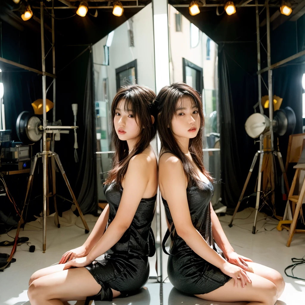 "Mirror Illusion"
"Generate a surreal photo of twin sisters standing back-to-back in front of a mirrored studio setup. Their poses and reflections create the illusion of one person, adding a mysterious and artistic touch to the composition."
