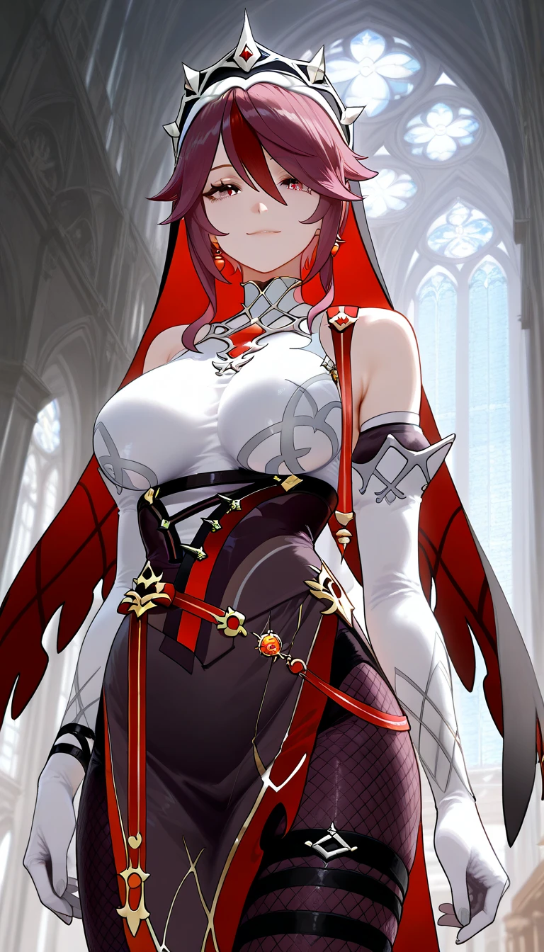 rosaria, <lora:rosaria-lora-nochekaiser:1>,
rosaria, bags under eyes, hair between eyes, long eyelashes, multicolored hair, (purple eyes:1.1), purple hair, red hair, short hair, streaked hair,
BREAK bare shoulders, breasts, elbow gloves, fishnet pantyhose, fishnets, gem, gloves, gradient, nun, pantyhose, red gemstone, skindentation, thigh strap, tiara, white gloves,
BREAK looking at viewer, full body, (cowboy shot:1.5),
BREAK indoors, church,
BREAK <lyco:GoodHands-beta2:1>, (masterpiece:1.2), best quality, high resolution, unity 8k wallpaper, (illustration:0.8), (beautiful detailed eyes:1.6), extremely detailed face, perfect lighting, extremely detailed CG, (perfect hands, perfect anatomy),