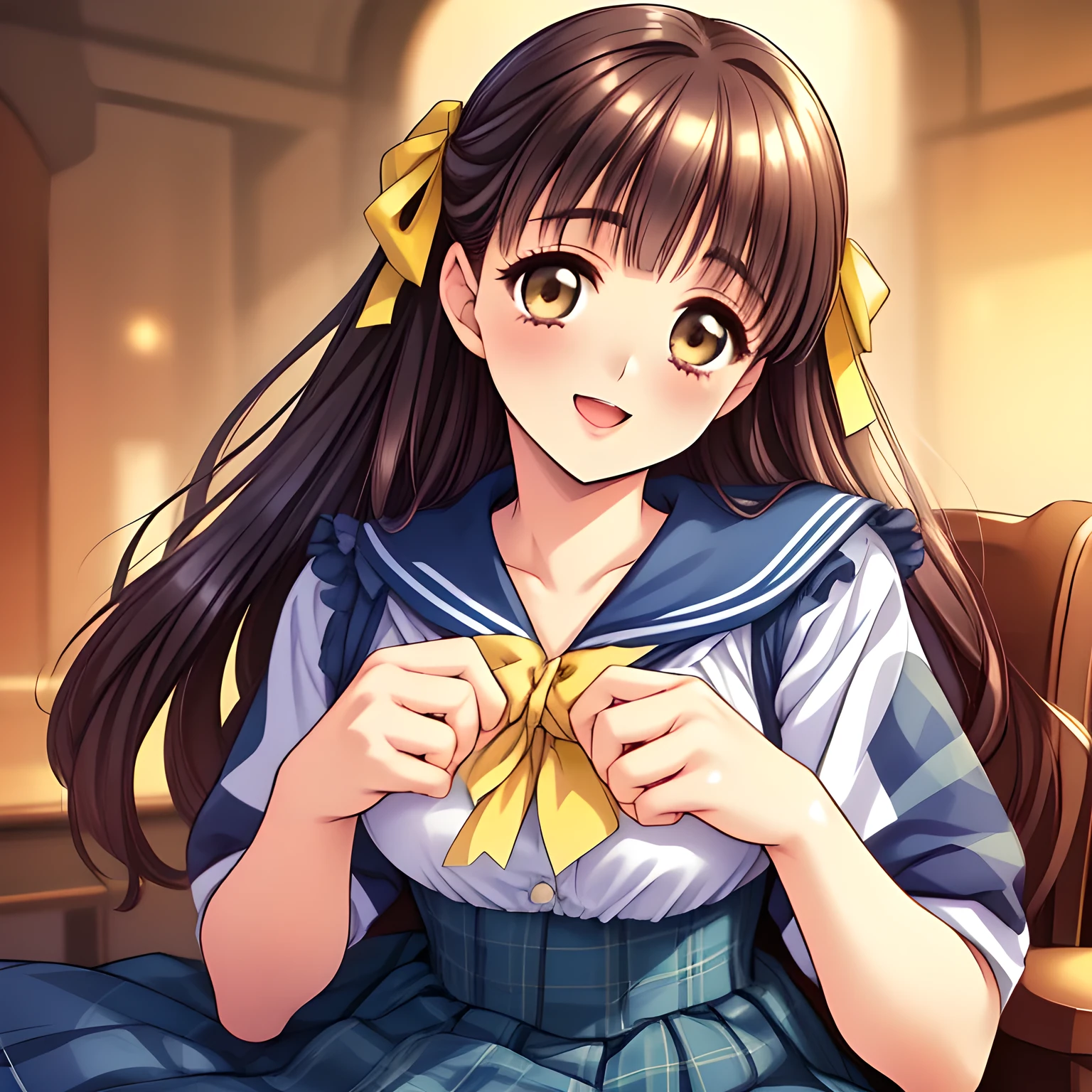 (highest quality, masterpiece:1.2), highest quality, High resolution, 1080p, 8K, Height: 160cm, (Noble lady, noble high-quality colorful cover of lady's comic by most popular manga artist, amazingly neat & clean, in peace and neat lovely strong charm, face up, look down, tilted head: 1.8), (Too noble beautiful lady like a love-story comic heroine), (laugh in bliss), (Whispering the viewer's subliminal desire secretly to hypnotize the viewer), A very lovely, very noble, pretty and pure beautiful girls. ((Bursting out Laughing very elegantly)), Using expensive whitening cosmetics by cosmetics artist: 1.2), A face that everyone loves, Glossy lips, Even bangs, (Too beautiful blue fascinating shiny (brown eyes) with love to the viewer, with detailed clearly (like girlish comics beautiful lovely heroine): 1.5), ((Black long Hair)), ((long amazingly beautiful straight wavy long hair: 1.5)), (Neat sailor uniform, neat expensive (white silk frilled blouse), (A long, very neat, dark (navy blue) (tartan-checkered pleated (dark-blue) skirt)), (too pretty shiny light-yellow realistic school ribbon): 1.5), (Extremely lustrous, shiny game heroine lips, laughing open mouth: 0.8), (Ribbon in (black hair), The ribbon is big and very pretty, Beautiful black hair like a hair model), (Tight waist, slender like a beautiful fashion model, all the high-school student ladies admire their style: 1.5), (The background is plain black space to emphasize their fascination: 1.6), (The lady knows well about the viewer's super fetishism for school uniforms, inviting the viewer into uniform dream of succubus, and satisfies it completely with her hands and skirts and (laughter giving extreme pleasure) deeply (in the viewer's clear lewd dream): 1.6), (beautiful expensive gorgeous atmosphere which the viewer can't stop being lustful: 1.5), (take a (side shot) seated nobly on a gorgeous wooden chair)
