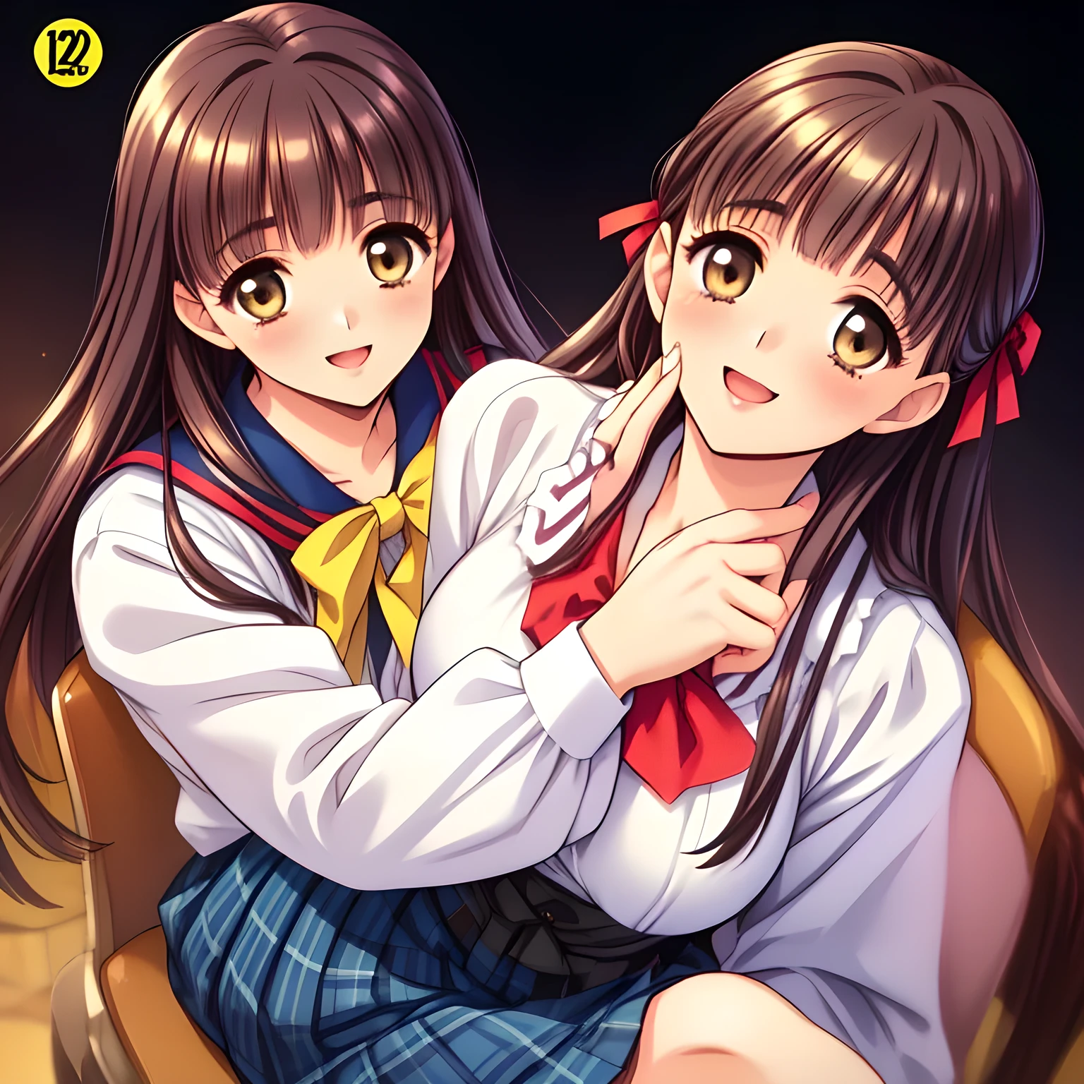 (highest quality, masterpiece:1.2), highest quality, High resolution, 1080p, 8K, Height: 160cm, (Noble lady, noble high-quality colorful cover of lady's comic by most popular manga artist, amazingly neat & clean, in peace and neat lovely strong charm, face up, look down, tilted head: 1.8), (Too noble beautiful lady like a love-story comic heroine), (laugh in bliss), (Whispering the viewer's subliminal desire secretly to hypnotize the viewer), A very lovely, very noble, pretty and pure beautiful girls. ((Bursting out Laughing very elegantly)), Using expensive whitening cosmetics by cosmetics artist: 1.2), A face that everyone loves, Glossy lips, Even bangs, (Too beautiful blue fascinating shiny (brown eyes) with love to the viewer, with detailed clearly (like girlish comics beautiful lovely heroine): 1.5), ((Black long Hair)), ((long amazingly beautiful straight wavy long hair: 1.5)), (Neat sailor uniform, neat expensive (white silk frilled blouse), (A long, very neat, dark (navy blue) (tartan-checkered pleated (dark-blue) skirt)), (too pretty shiny light-yellow realistic school ribbon): 1.5), (Extremely lustrous, shiny game heroine lips, laughing open mouth: 0.8), (Ribbon in (black hair), The ribbon is big and very pretty, Beautiful black hair like a hair model), (Tight waist, slender like a beautiful fashion model, all the high-school student ladies admire their style: 1.5), (The background is plain black space to emphasize their fascination: 1.6), (The lady knows well about the viewer's super fetishism for school uniforms, inviting the viewer into uniform dream of succubus, and satisfies it completely with her hands and skirts and (laughter giving extreme pleasure) deeply (in the viewer's clear lewd dream): 1.6), (beautiful expensive gorgeous atmosphere which the viewer can't stop being lustful: 1.5), (take a (side shot) seated nobly on a gorgeous wooden chair)
