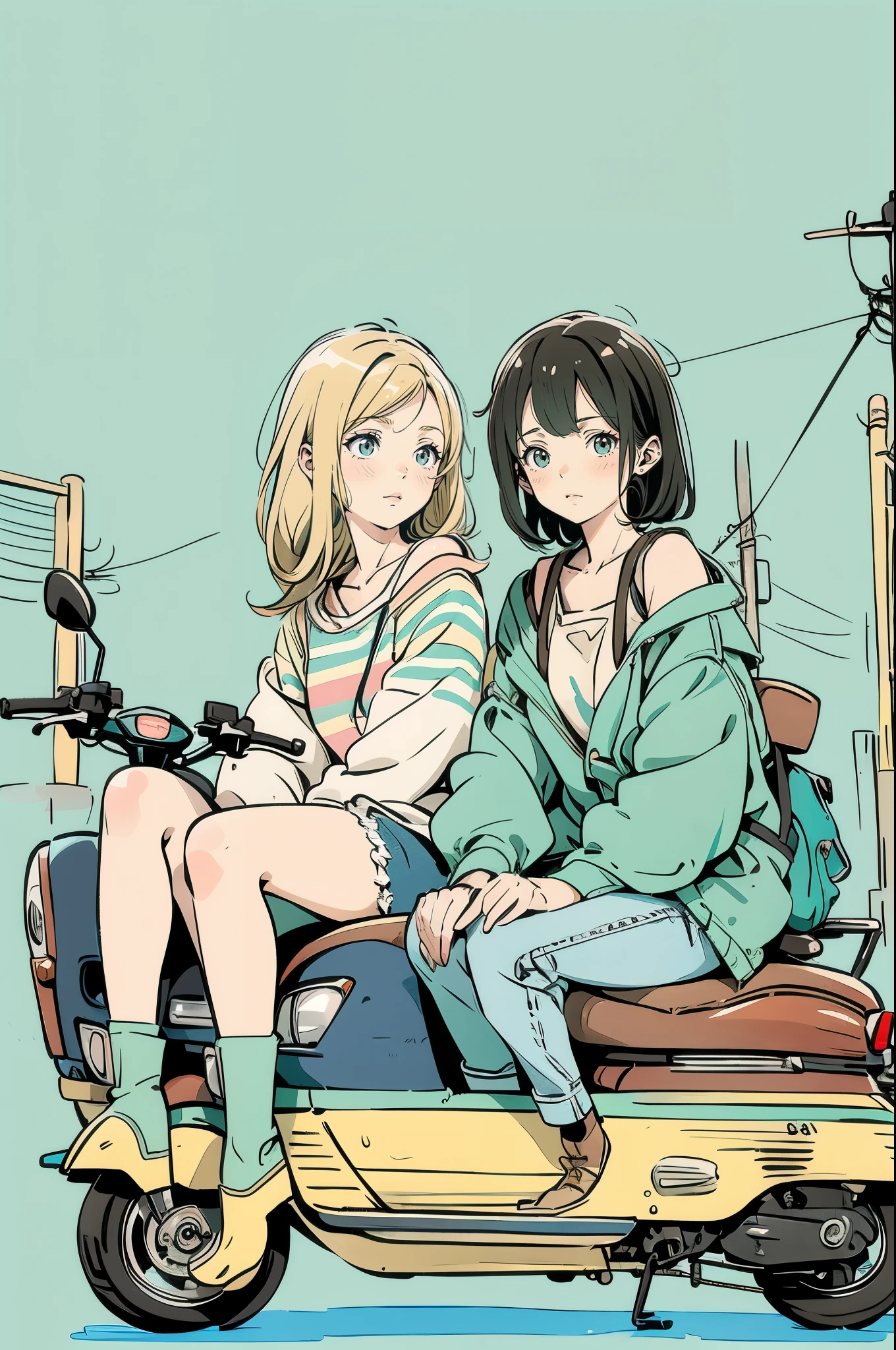 beautiful anime-style illustrations . A brown-striped cat is sleeping on a pale blue scooter seat. A blonde woman is crouching beside her scooter , Staring at the cat. The woman is wearing a green off-shoulder top , Denim shorts and brown boots. background is pale blue , It gives the illustration a simple and clean impression . The overall color scheme is soft , Creates a warm atmosphere .