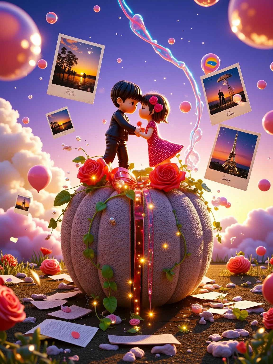 On a flower meadow there is a huge heart-shaped wedding cake under a blue sky, strawberries are spread on the cakes and colorful butterflies form the letter S in the sky, in the background there is a village church with a large crowd in front of it --auto --s2