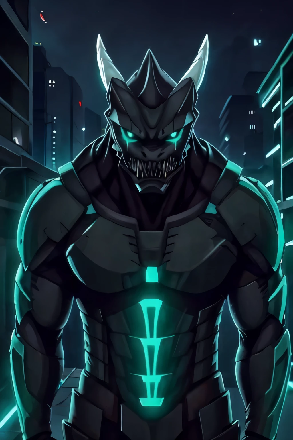 attack_Giant, Half Body, sunlight, forest, Head Focus, Sharp teeth、robot、Futuristic