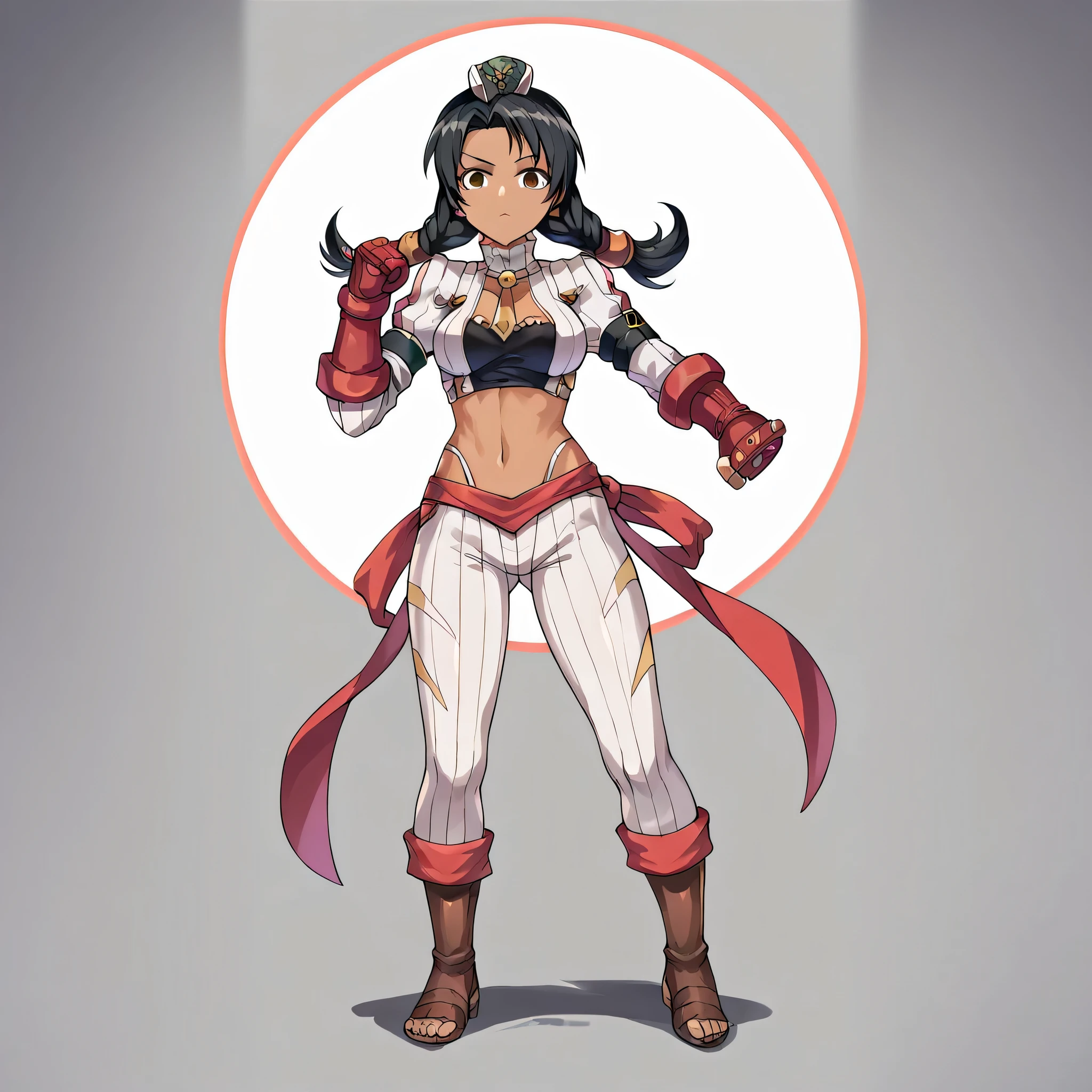 anime, (masterpiece), (best quality), (ultra-detailed), (best illustration), (best shadow), (absurdres), (detailed background), (very aesthetic), shiny, detailed beautiful eyes, outstanding, countershading, detailed soft lighting, an exquisite animation illustration, 1girl, solo, anheang, Dollsuit, thighthigh, dark persona, empty eyes, expressionless, blank eyes, looking at viewer, red gloves, yellow necktie, full body, emotionless, Fighting Stance, hair ornament, submissive pose, seductive pose, medium breast, talim, dark skin, dark-skinned female, twin tails, braid, black hair, grey eyes, brown eyes, jewelry, midriff, navel