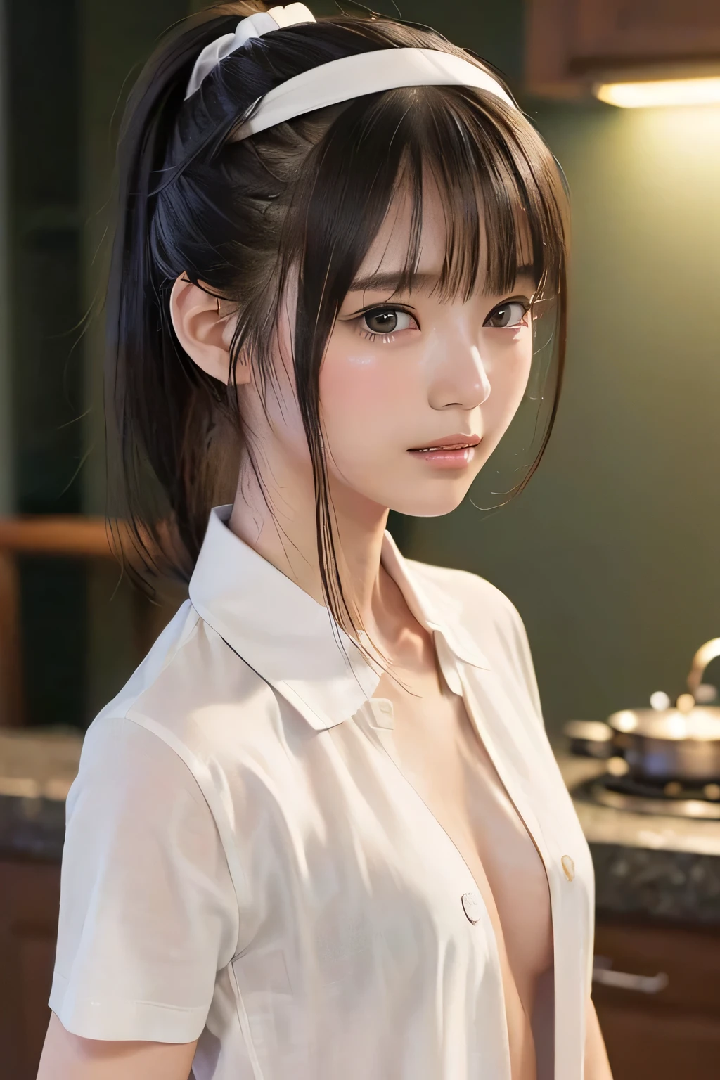 (8k,  RAW photo,  photorealistic:1.25), (looking at viewer, Messy hair, disheveled wet Hair, wet short ponytail hair, white headband:1.8), (lip gloss,  eyelashes, Shiny surface, Glossy Skin,  best quality, ultra highres,  allows depth of field, Color Difference ,  caustics,  blow lighting , Natural Shading,  kpop idol), (cleavage, flat chest, covered nipples, naked white shirt, nude, short sleeve shirt, Unbuttoned shirt:1.7), (Swollen eyes from crying , crying, tears, tearing, sadness:1.2), (dark background, indoor, a girl is making dinner, dark small kitchen, night view:1.4)