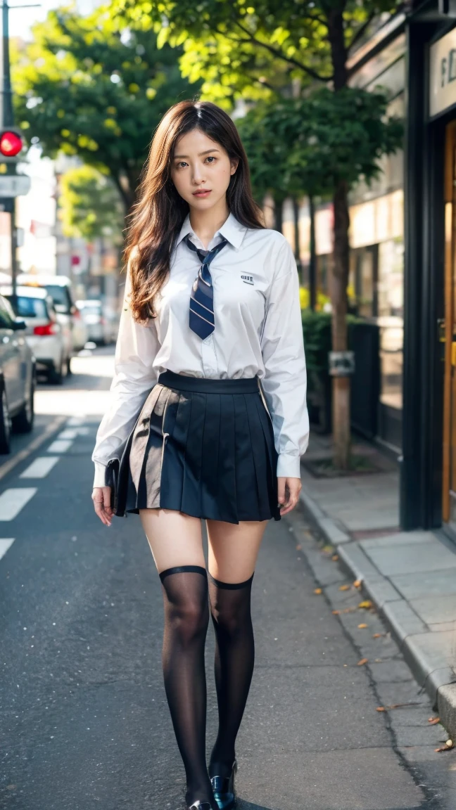 top-quality、hight resolution、ultra-detailliert、masterpiece、Raw photography、realisitic、Photorealsitic、extremely delicate and beautiful、finely detail、1womanl、Solo、(Super beautiful)、(beauitful face:1.5)、Clear pubic contours、Squatting、Spread your legs、(white panties:1.4)、(high-school uniform)、(Dark blue pleated skirt)、(Wear black loafers)、(Sidewalk in Shibuya at night)、Neon sign、(At SFW:1.1)