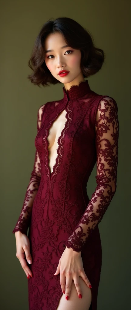glamorous photo of a captivating masterpiece of an woman in a (((criss-cross neckholder dress with turtleneck))) ,long earrings, necklace, full body, The intricate lace and gold details exude a very rebellious aura. ((The use of high-shine gloss adds a touch of glamour to the look)), ((while the deep red and black hues give it a dramatic vibe)), blurred background, studio ligthing, facing camera, shallow depth of field,  high fashion, luxurious, extravagant, stylish, sensual, opulent, elegance, stunning beauty, professional, high contrast, detailed,