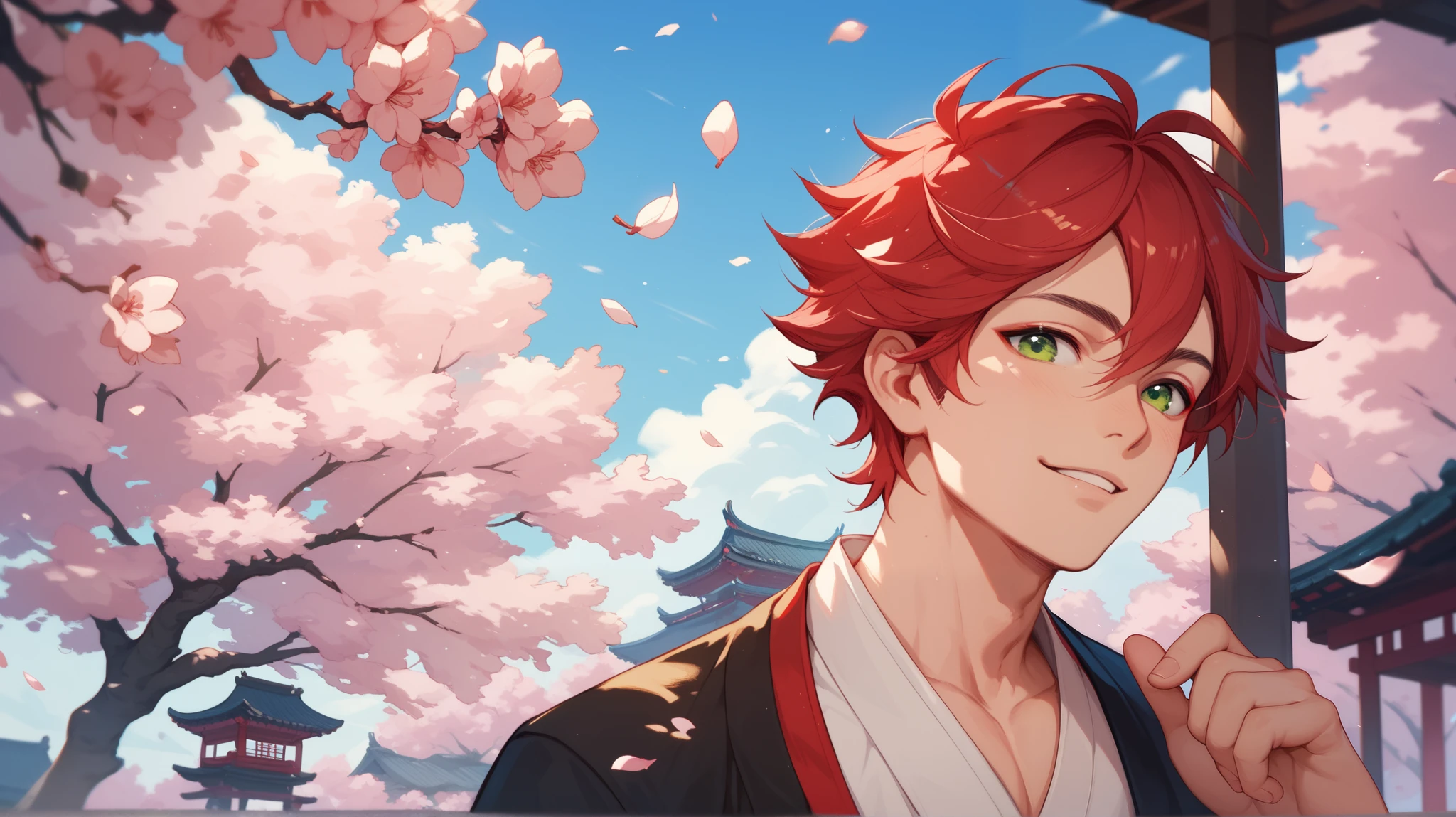 Cute and sexy 18-year-old Asian boy with red hair green eyes around Japanese cherry trees 