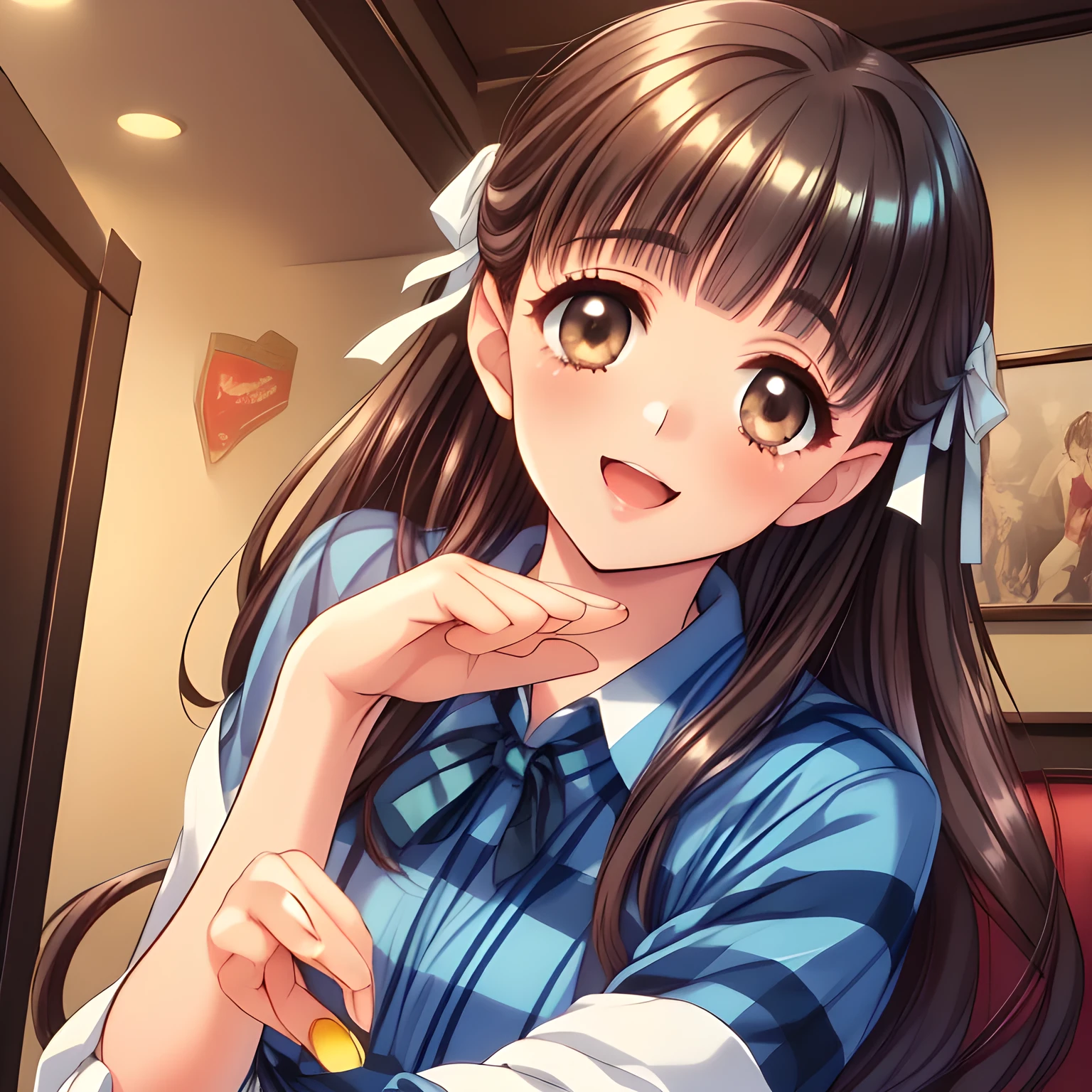 (highest quality, masterpiece:1.2), highest quality, High resolution, 1080p, 8K, Height: 160cm, (Noble lady, just won the noble beauty Grand Prix, amazingly neat & clean, in peace and neat lovely strong charm, face up, look down, tilted head: 1.8), (Too noble beautiful lady like a love-story comic heroine), (laugh in bliss), (Whispering the viewer's subliminal desire secretly to hypnotize the viewer), A very lovely, very noble, pretty and pure beautiful girls. ((Bursting out Laughing very elegantly)), Using expensive whitening cosmetics by cosmetics artist: 1.2), A face that everyone loves, Glossy lips, Even bangs, (Too beautiful blue fascinating shiny (brown eyes) with love to the viewer, with detailed clearly (like girlish comics beautiful lovely heroine): 1.5), ((Black long Hair)), ((long amazingly beautiful straight wavy long hair: 1.5)), (Neat sailor uniform, neat expensive (white silk frilled blouse), (A long, very neat, dark (navy blue) (tartan-checkered pleated (dark-blue) skirt)), (too pretty shiny light-yellow realistic school ribbon): 1.5), (Extremely lustrous, shiny game heroine lips, laughing open mouth: 0.8), (Ribbon in (black hair), The ribbon is big and very pretty, Beautiful black hair like a hair model), (Tight waist, slender like a beautiful fashion model, all the high-school student ladies admire their style: 1.5), (The background is plain black space to emphasize their fascination: 1.6), (The lady knows well about the viewer's super fetishism for school uniforms, inviting the viewer into uniform dream of succubus, and satisfies it completely with her hands and skirts and (laughter giving extreme pleasure) deeply (in the viewer's clear lewd dream): 1.6), (beautiful expensive gorgeous atmosphere which the viewer can't stop being lustful: 1.5), (take a (side shot) seated nobly on a gorgeous wooden chair in front of a grand piano: 1.0)