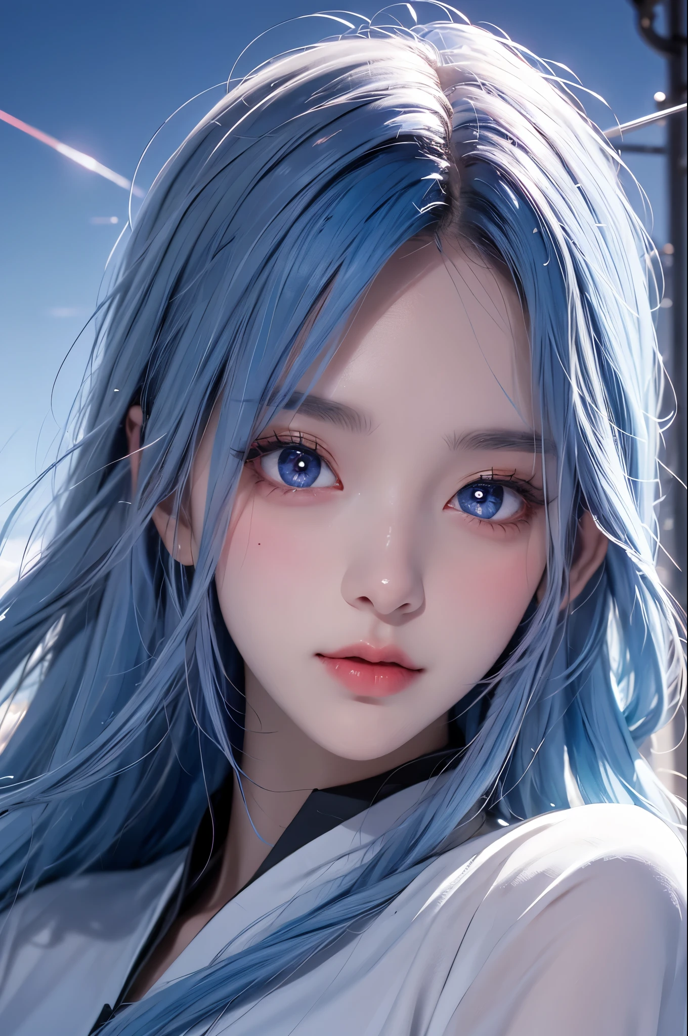 masterpiece, top quality , 【8k, Fine skin texture , detailed fabric texture, Beautiful Delicate Face , Complicated details , Super Detailed , Meteor portrait in the sky , Blue Hair , star shaped pupils, Overlooking, No Background