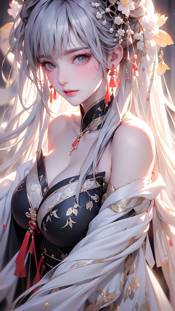 Er Ping Mian's style,(incredibly Ridiculous, (high resolution:1.18), intricate details, (masterpiece:1.1), (best quality:1.1), Ridiculous),(1 girl, portrait, white hair, orange eyes, long hair, delicate eyes),