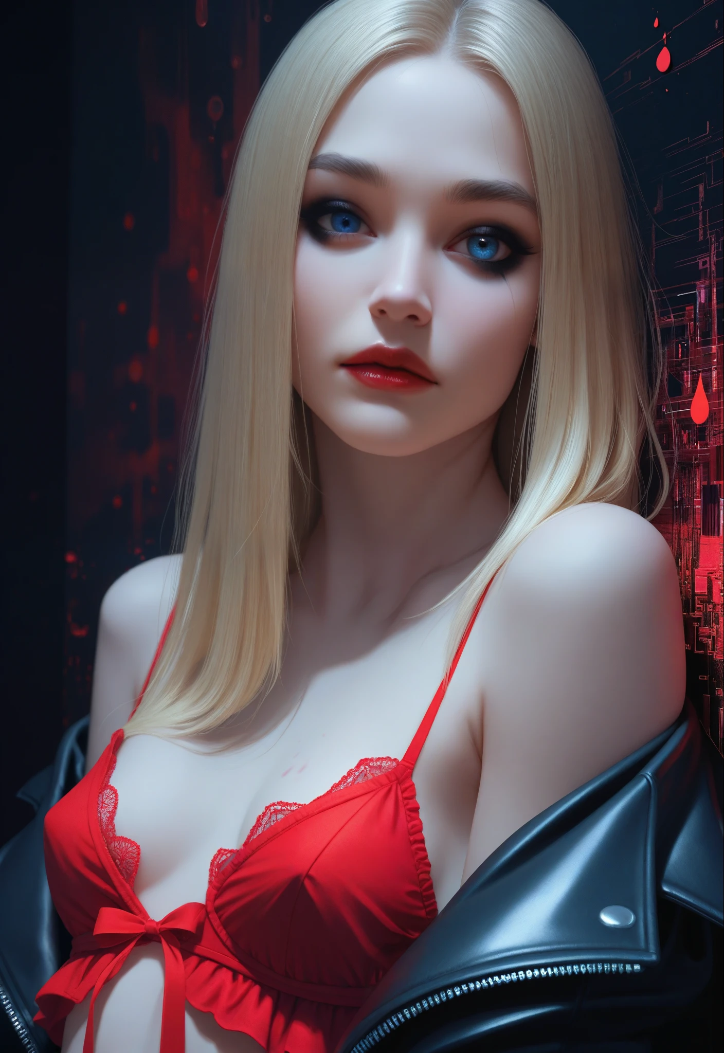 masterpiece, best quality, realistic, 1girl, woman, face, portrait, looking at viewer,detailed eyes,blue eyes,cat eye makeup,black eyeliner, thick eyebrows, matte lipstick, blonde hair,multicolored,straight hair,long hair,
saggy breasts, small breasts,red ruffled lingerie,ribbons,black leather jacket,off the shoulder,zipper,
leaning backward, against wall, girl next door look,vampire, blood drops on lips,
abstract background, neon background details, Glitch Art,
side view, Dual Shadows, long shadows,night,dark, dark background