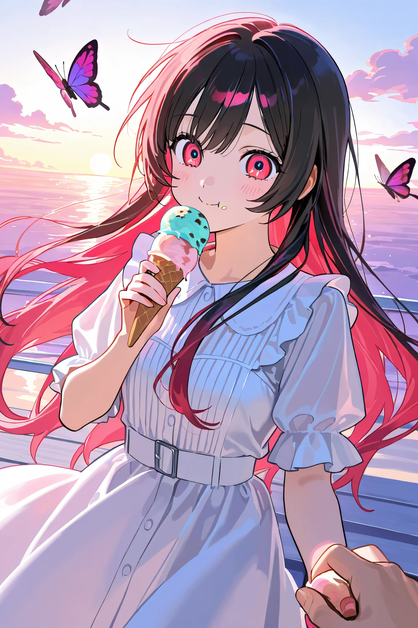 happy girl smile with wide eyes , Pretty haired head washed black , wearing white dress with butterflies , she is excited dancing on the clouds eating ice cream on a picnic with her boyfriend