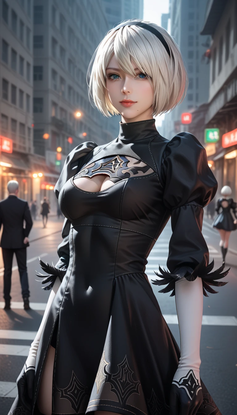 RealのSelfie、nier:Beautiful cosplay of 2B from Automata、2B takes a selfie、2Bのコスプレをした女性のSelfie、White skin、tall、Great style、Big Breasts、Small face、Small head、High nose、Beautiful Face、30 years old、British women、Half British、nier:2B's black costume from Automata、Wearing a black blindfold、Stylish background、Light background、Blur the background、Fantasyな都市を背景に、peace sign、((2BのSelfie))、((Focus Zoom))、((Face Enhancement))、Shooting from a diagonal angle、masterpiece、highest quality、high resolution、コスプレイヤーのSelfie、Selfie、Professional Photoodel、Fantasy、Glaring at the audience、Angry expression、Cosplay Makeup、Real Cosplay Photo、Cool and beautiful photos、Wrapped in a pale white glow、good looking
