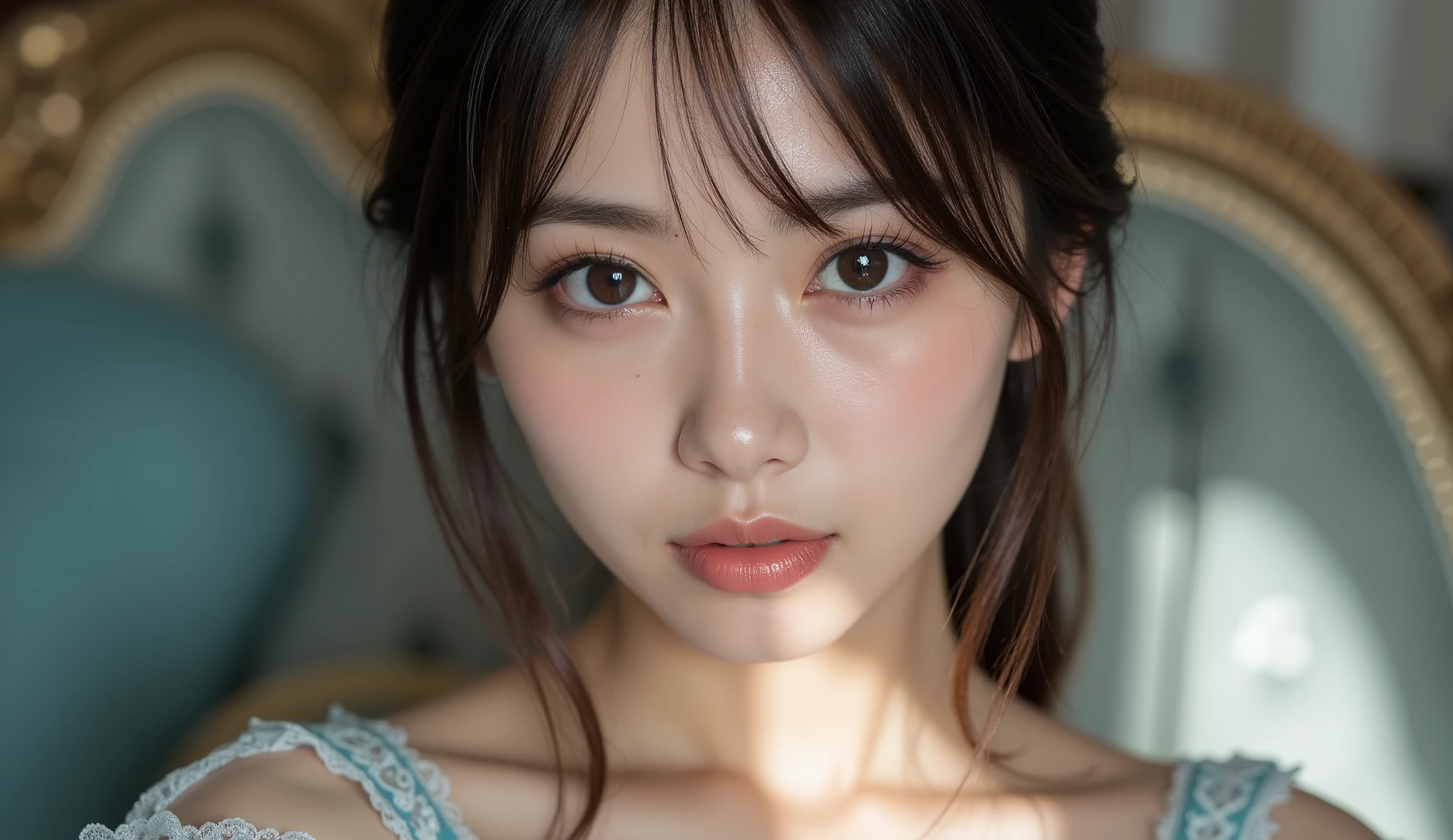8k, ultra high resolution , top quality, masterpiece,rule of thirds,golden ratio, surreal, photos, one woman,( girl:1.3), cute, cute顔, Beautiful Eyes in Every Detail , 細かく Details, Mature Women, princess,extream close up,smile, black hair,side ponytail,ID photo, luxurious and beautiful ,( Sexy Fashion), (((light blue lace lingerie :1.2))), ((( Garter Belt))), ((( luxurious lace lingerie fashion))), very delicate expression , delicate eye description,, Healthy Body , (( 1 female)), Height: 160cm, (( thin thighs)) ,( thin waist:1.4)、( Beautiful :1.4), pink lips, profile,((( ideal figure))),Small bust, A cup :2,、 portraits:2、 perfect anatomy 、鮮明な Details、 Details, thin lips,Perfect and beautiful face ,完璧で cute顔, Meticulous Skin , Perfect Limbs 、 thin waist, surreal,Light and Dark, fashion magazine cover,glowing