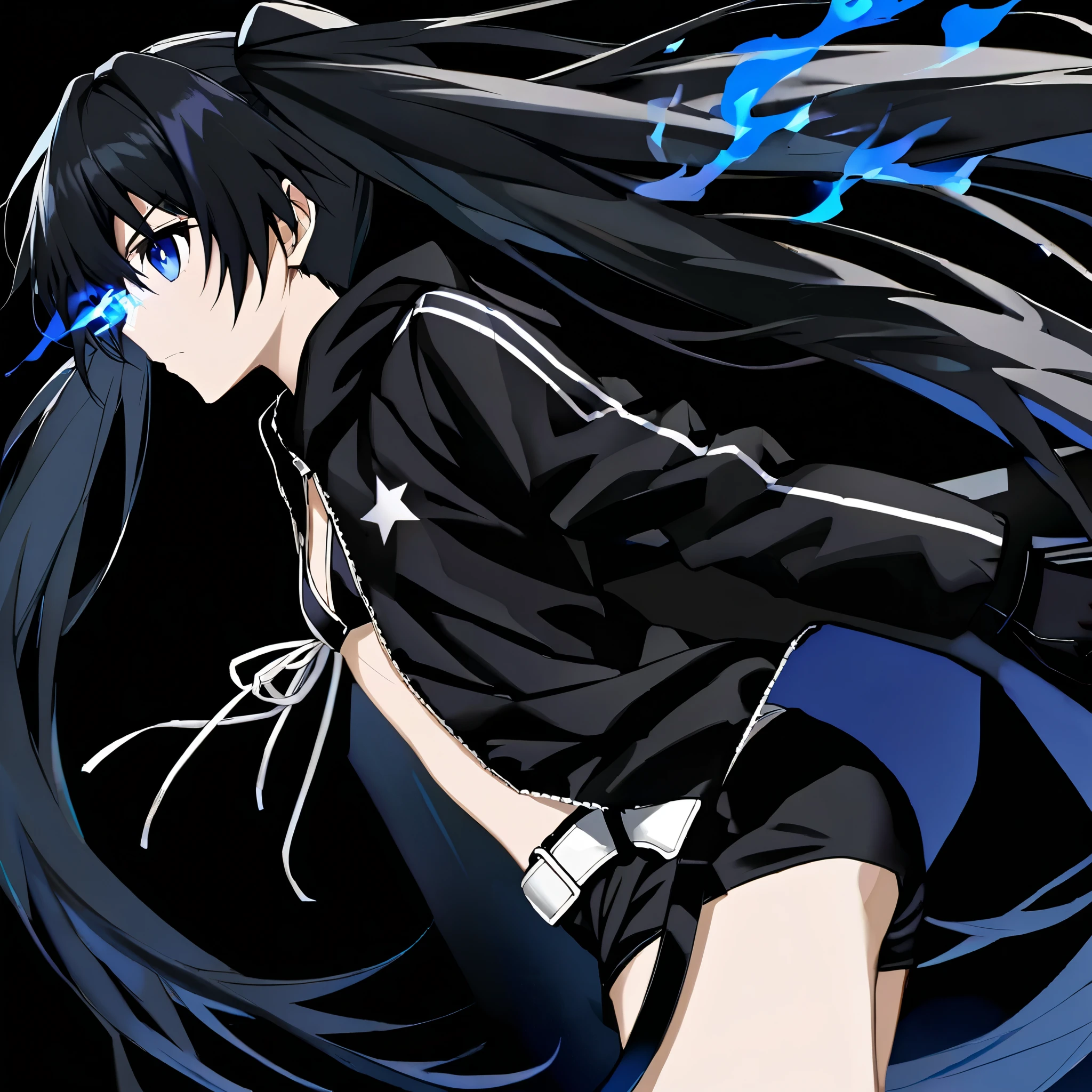 black rock shooter, blue eyes, flaming eye, black hair, twintails, long hair, black jacket, bikini top only, black shorts, white belt, black gloves, standing, facing sideways, side view, medium shot, no background, highly detailed