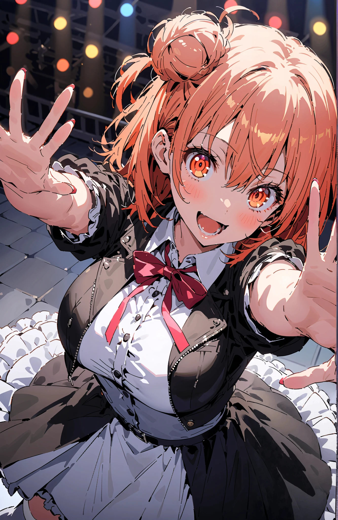 masutepiece++, Best Quality++, ultra-defined++, ultra-defined++,4K++,in 8K++, Highly detailed,
(Black knitted sweater:1.4),
(large boob:1.2),
Perfect hands, Perfect nose,
Smile,
(From below), darkness, indirect lighting, Hands behind,
Yuigahama Yui, Pink hair, Short hair, Hair bun,
Looking at Viewer, Focus,
Upper body, close shot, pov,
