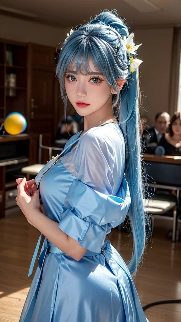 Anime female high school student, Put on a sexy kimono, short-length kimono, Naked arms, barebacked, Bare shoulders, foot on foot, long whitr hair, lightblue hair, Just look at the audience, eBlue eyes