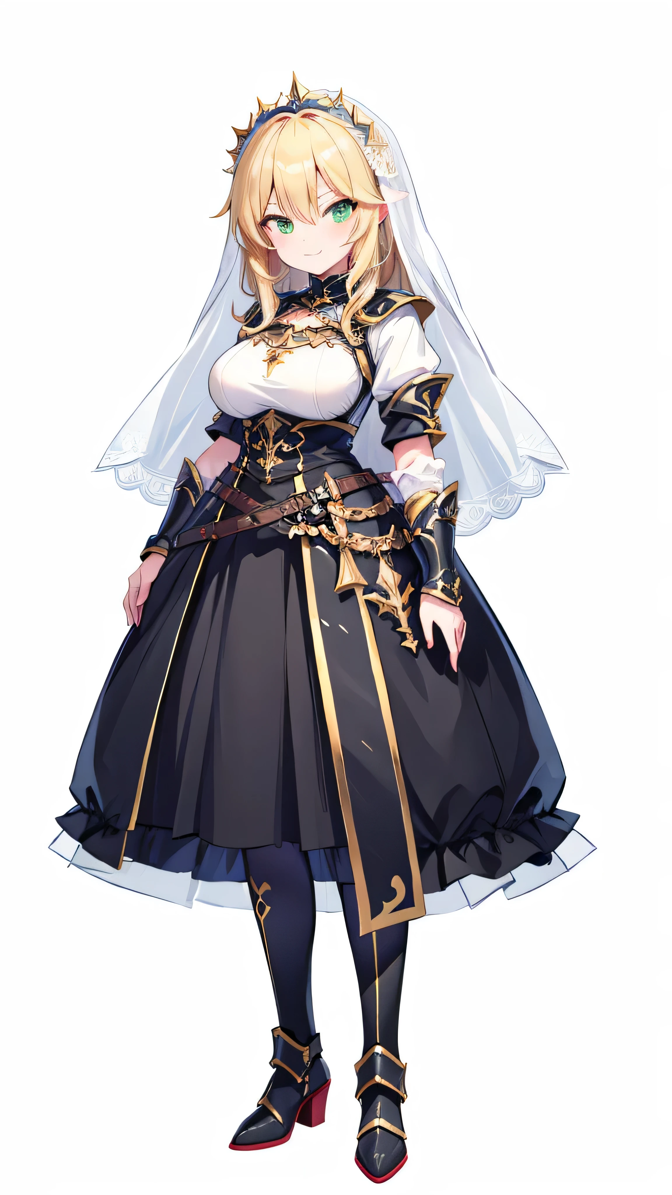 Masterpiece, top quality,(((( Solid White Background , no background)))), facing sideways , ((1 human woman,adult, has a big body, tall ,full body,)),((Big Breasts)),((Wavy waist-length blond hair,)),(( detailed green eyes,)), ((black magic warrior armor ,black breastplate,Black Boots, black gauntlet , black shin guards, black skirt , blouse)), ((( wearing a white wedding veil,))), pale skin , I don't hold anything in my hands ,smile,Visual Novel Pose