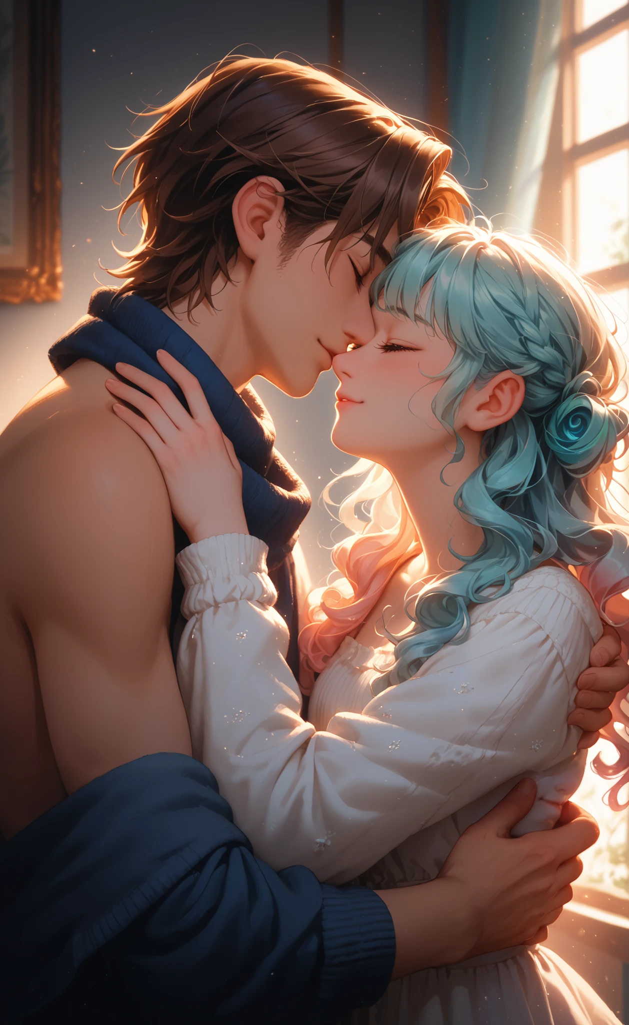 Warm Embrace, Tender and Heartfelt Hug, Gentle Smiles, Cozy Atmosphere, Soft Lighting, Close Connection, Loving Gaze, Warmth and Comfort, Flowing Hair, Soft Fabrics, Gentle Hands, Emotional Depth, Subtle Glow, Wholesome and Heartwarming, Pastel and Warm Colors, Sunlight Filtering Through Windows, Serene and Intimate Moment, Radiating Love and Affection, Safe and Tranquil Feeling, Soft Focus, Dreamy and Peaceful