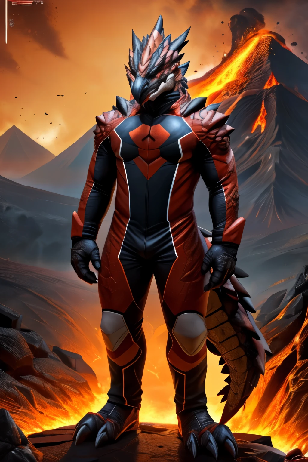 score_9_up,score_8_up,score_7_up,score_6_up,score_5_up,score_4_up,zPDXL, (standing:1.2),front view, bridgesuit,triangle,volcano,molten rock,steam, furry,Rathalos,red scales,black beak,