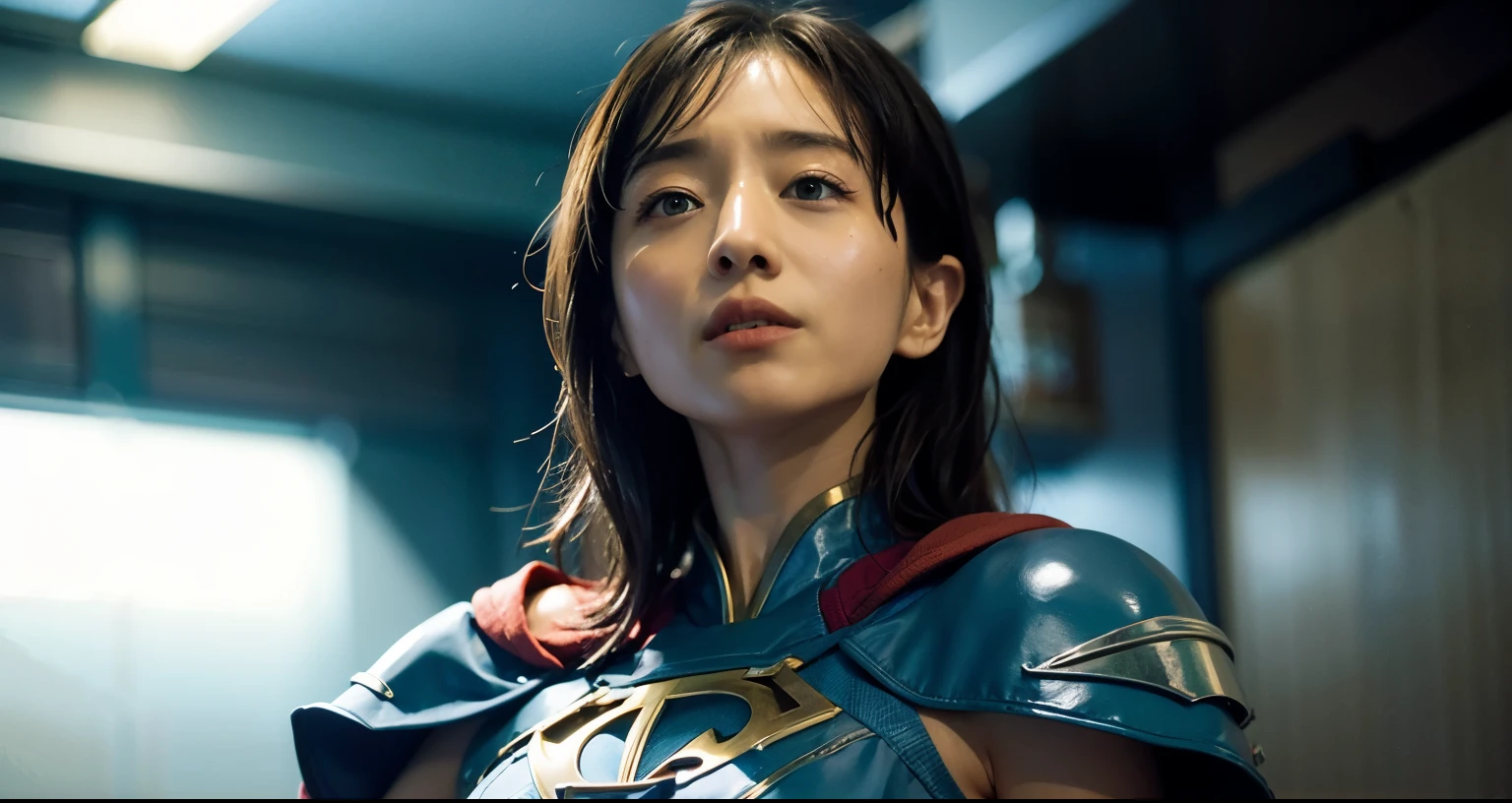 8K、Big Super Detailed、masterpiece、highest quality、(very detailed)、dynamic angle、mysterious look、Wind effect、fantasyの背景、rim lighting、cinematic light、high resolution、8K UHD、film grain、best shadows、delicate、born、particles of light、fine skin texture、Detailed armor texture、detailed face、Complexディテール、super detailed、shine、strong fraud、blue armor with gold trim、(hold the sword up in the air)、Slash Action、big and full breasts,Scapula、shining eyes、 red cloak、fantasy、(bornきbornきとした)、armor on the shoulders、Complex、Complex、perfect lighting、looking at the viewer、movie lighting、flying in the sky、Flight、holy light、wonderful、bangs、the wind is strong、Frozen mountains々々、white wavy long hair、Rich Queen,Sexy,attractive,Precision Decoration Chest Armer,