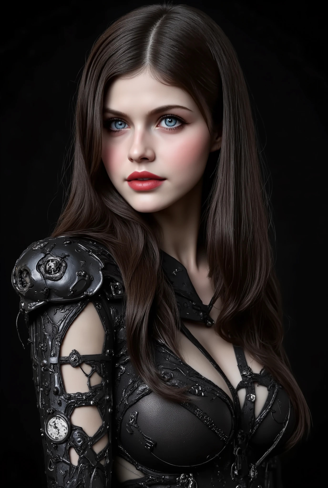 Alexandra Dadario, ultra-realistic, photorealistic, dramatic scene, shadow, global-illumination, solo, perfect anatomy, perfect fingers, (age cyborg), very beautiful with very cute face, detailed face skin texture, wide smile, (modern maid but futuristic cyborg), intricated complex cyber punk mechanical cyber cyborg body, (her cyborg body is fully covered with extremely detailed futuristic mechanical armored suits), absolutely complex futuristic cyborg body, markers are integrated in her body, head helmet (very large breasts), slim waist, She is flying in the space), black with blue and white colors, dynamic angle, black background, dark hair