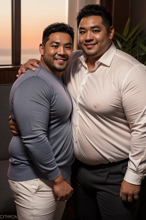 2 vietnamese grandfathers with gray hair, mature face, a thick mustache, a short chin beard, bear body, wearing a massive bulging gray jockstraps standing at the beach, have belly, big muscular chest, a sexy pose.
