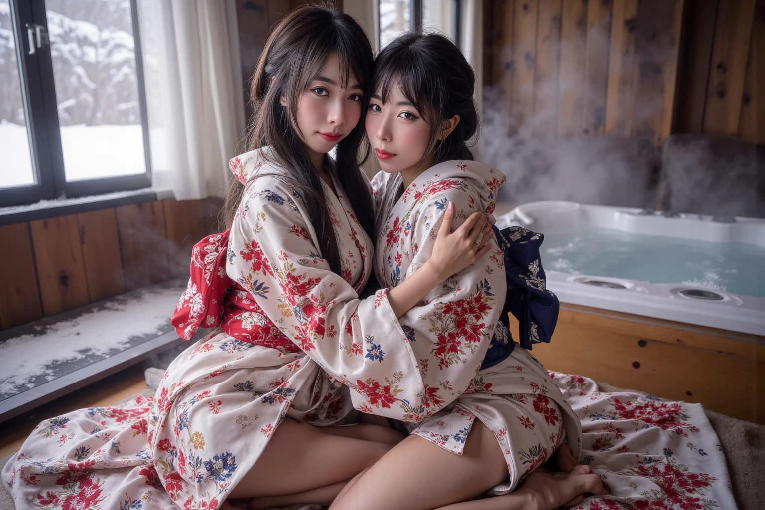 A cute face like a 20-year-old idol　smile gently　Three people sitting naked　I don't wear any clothes　full body figure　Slightly larger bust　dark lighting　night park　Cherry blossom viewing under the illuminated cherry blossoms at night　sitting on a picnic sheet　Raw photo　genuine　live-action