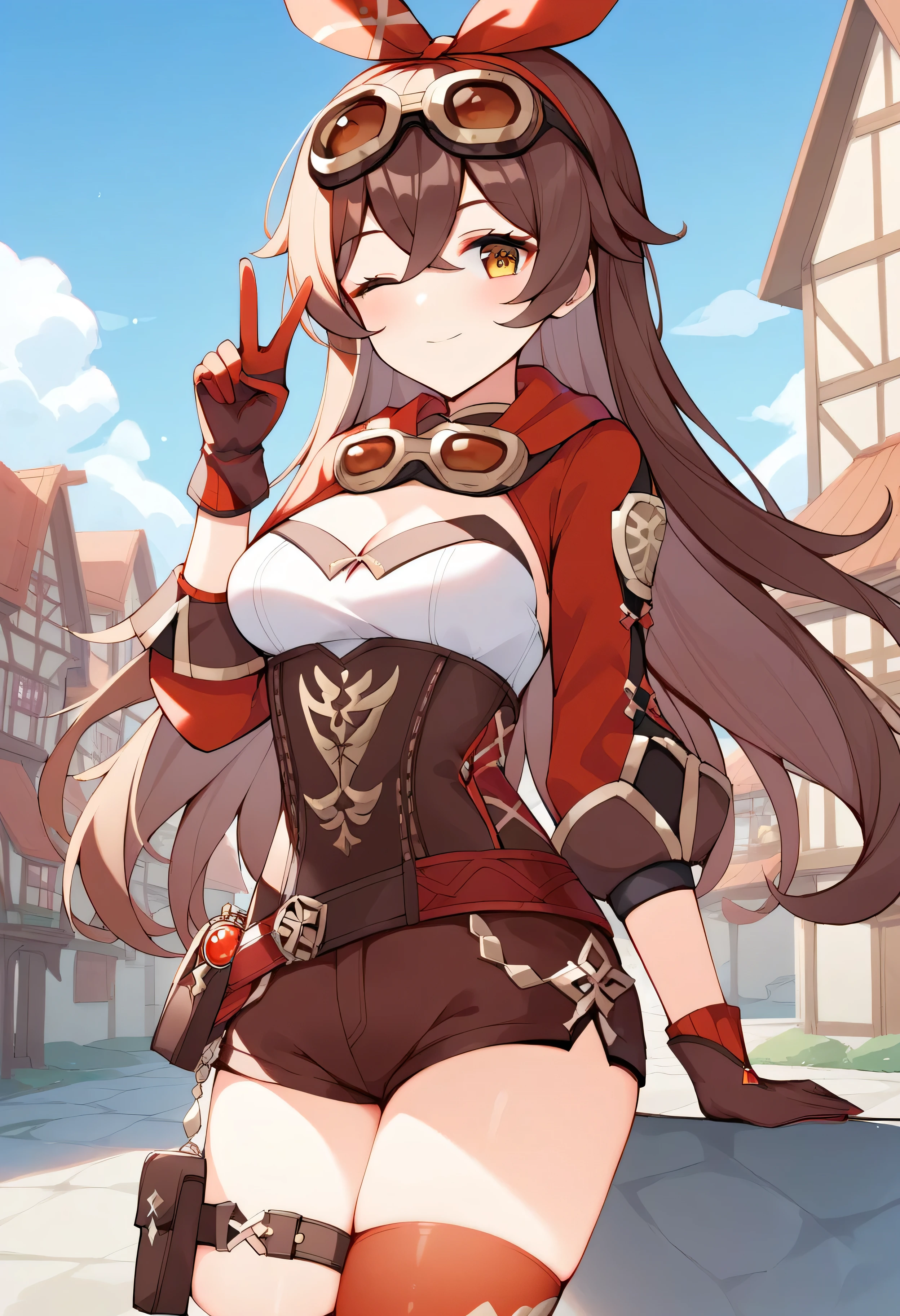 score_9, score_8_upper, score_7_upper, high quality ,masterpiece ,最high quality ,One girl, Beautiful Skin ,character_Amber_Genshin Impact ,ambergenshin, long hair, bangs, brown hair, hair between eyes, brown eyes, ambranger outfit, thighhighs, gloves, long sleeves, ribbon, fufunora thighhighs, thigh strap, cleavage, belt, hair ribbon, corset, shorts, short shorts, goggles, goggles around neck, pouch, vision (genshin impact), shrug (clothing), BREAK source_anime, 1 girl, Fair-skinned, medium breast, one eye closed ,smiling ,v sign ,(in the fantasy town)