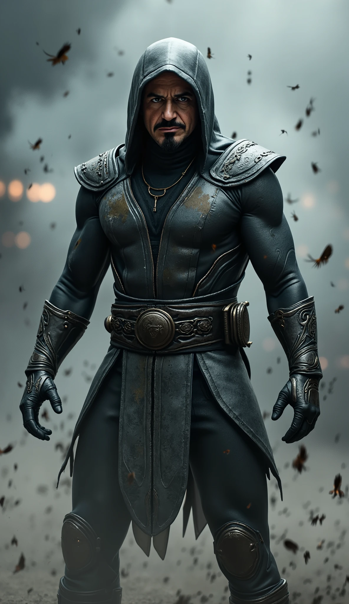 Robert Downey Jr. as Smoke brings a stylish and complex reinterpretation of the character of *Mortal Kombat*. Wearing a dark gray ninja outfit, almost metallic, he exudes a mysterious and unpredictable presence, with his smoke and shadow inspired look. Your mask, matching the ethereal tone of his skill, partially hiding his face, leaving only his piercing eyes showing, transmitting his cunning and intelligence.
A figura de Downey Jr. as Smoke is unique, bringing a lightness of movement and an unmistakable style. He is not only a master of shadows, but a calculating strategist who uses his smoke manipulation powers to disorient and deceive his opponents. Every movement seems to be made with calculated precision, where his ability to disappear and reappear is as agile as a dance, making him almost intangible on the battlefield.
With a shrewd expression and an uncomplicated posture, Robert Downey Jr. as Smoke brings a cynical charm to the character. His ability to hide in the shadows, surprising with quick attacks and disappearing like a mist makes his unmistakable presence, creating a mysterious and calculating warrior.