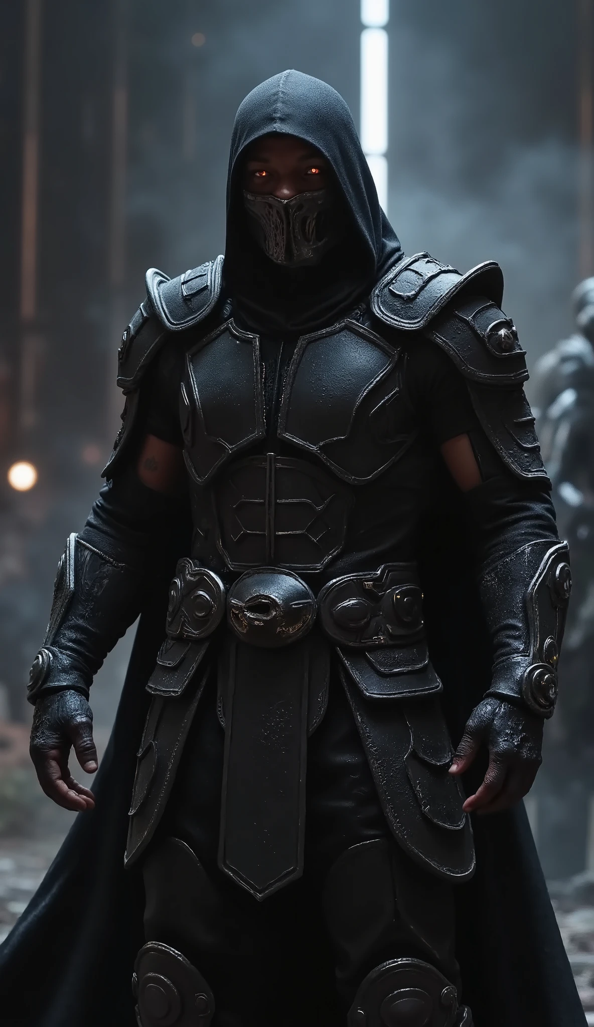  Will Smith takes on the role of Noob Saibot in a dark and ruthless interpretation of the vengeful specter of *Mortal Kombat*.  Wearing a black armor like the darkness itself ,  covered by ethereal details and shadows that seem to move alone ,  he exudes a ghostly and terrifying presence .  

 His eyes shine in a spectral tone under the black hood ,  reflecting the essence of a warrior who already It was human ,  but now he's just an avatar of death and emptiness .  Your every step seems to envelop the environment in a dark fog ,  making it difficult to distinguish where it ends and the darkness begins .  

 With fast and lethal movements ,  Will Smith brings to Noob Saibot a stealthy and threatening presence ,  combining his speed with brutal attacks . His shadow takes shape ,  becoming an extension of himself ,  duplicating his blows and attacking his enemies from unexpected angles .  His voice echoes with a distorted and deep tone ,  charged with coldness and contempt ,  making it clear that mercy is not part of his vocabulary .  

 With an impassive look and an aura of pure terror ,  Will Smith as Noob Saibot becomes the perfect personification of a dark killer Silent ,  relentless and inevitable .