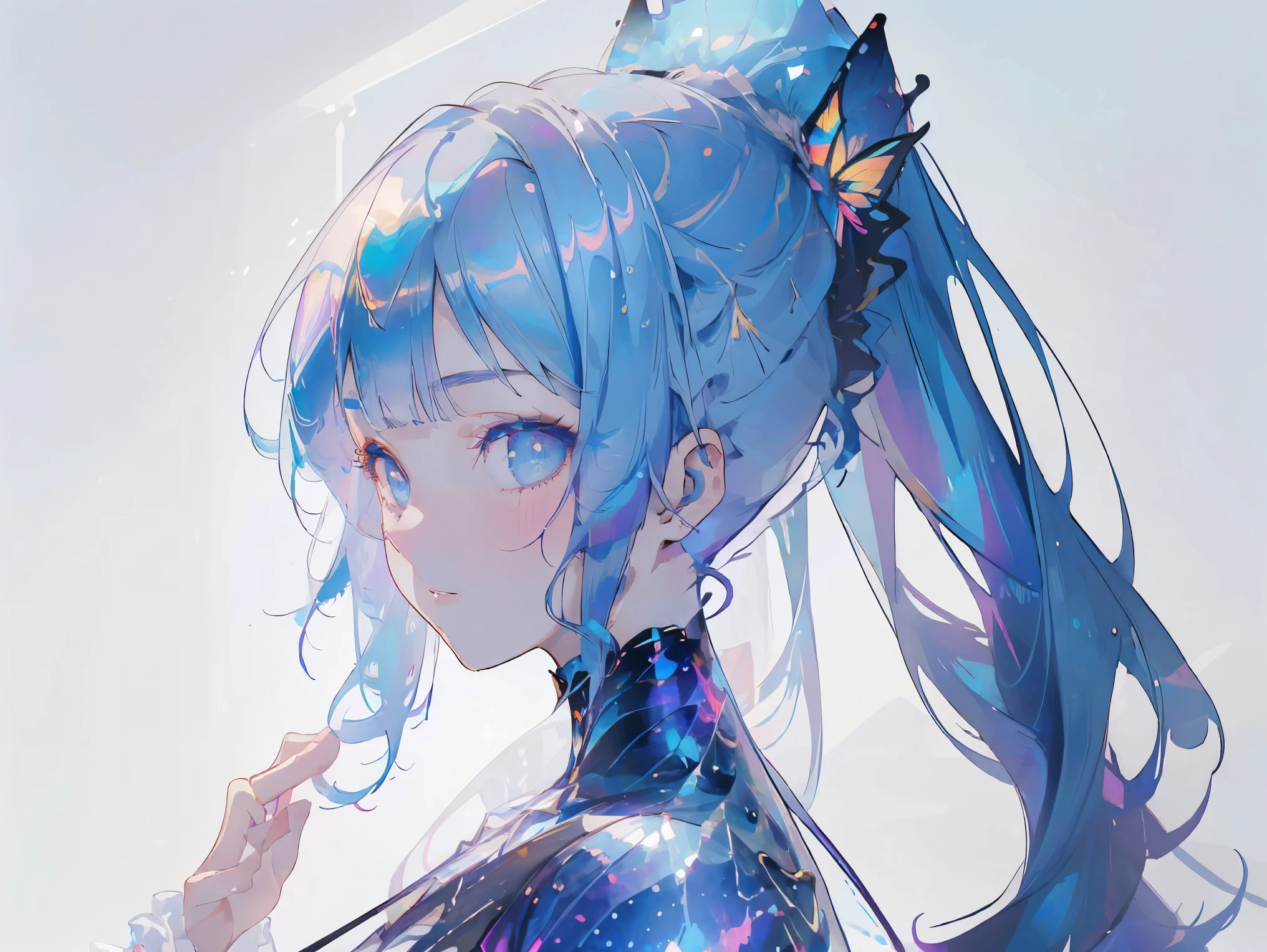 ((best quality)), ((masterpiece)), (detailed), perfect face, textured skin, ((super detail)), high quality, high details, hologram, Holographic colors, cyberpunk, cyberspace dweller, swallowtail butterfly wings, Blue hair, long ponytail, Blue eyes, Kneel, support herself with her right hand