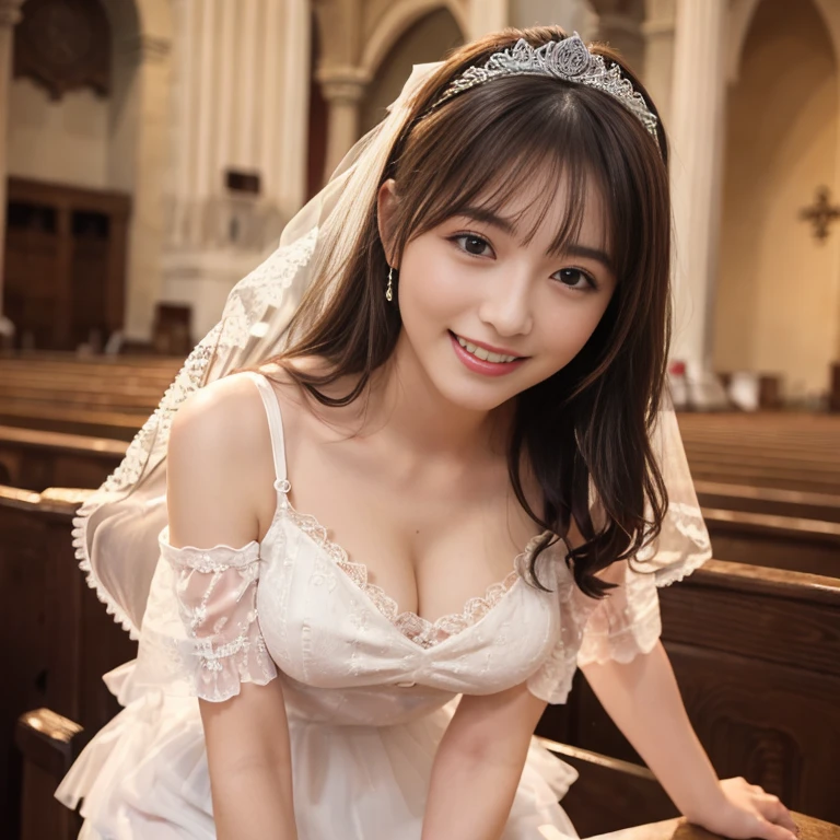(Best Quality, masutepiece:1.2), (Realistic:1.3),, (hyper detailed background, Detailed background), Bokeh,, , gorgeous prom dresses, Luxury Prom Dresses, wedding dress, Bridal Veil, bridal gauntlets, Bridal Cascade Bouquet,, Upper body,, Wedding in the church,, , 1girl in, Cute, Teenage, Posing, Smiling,, Dynamic Angle, Dynamic Pose,