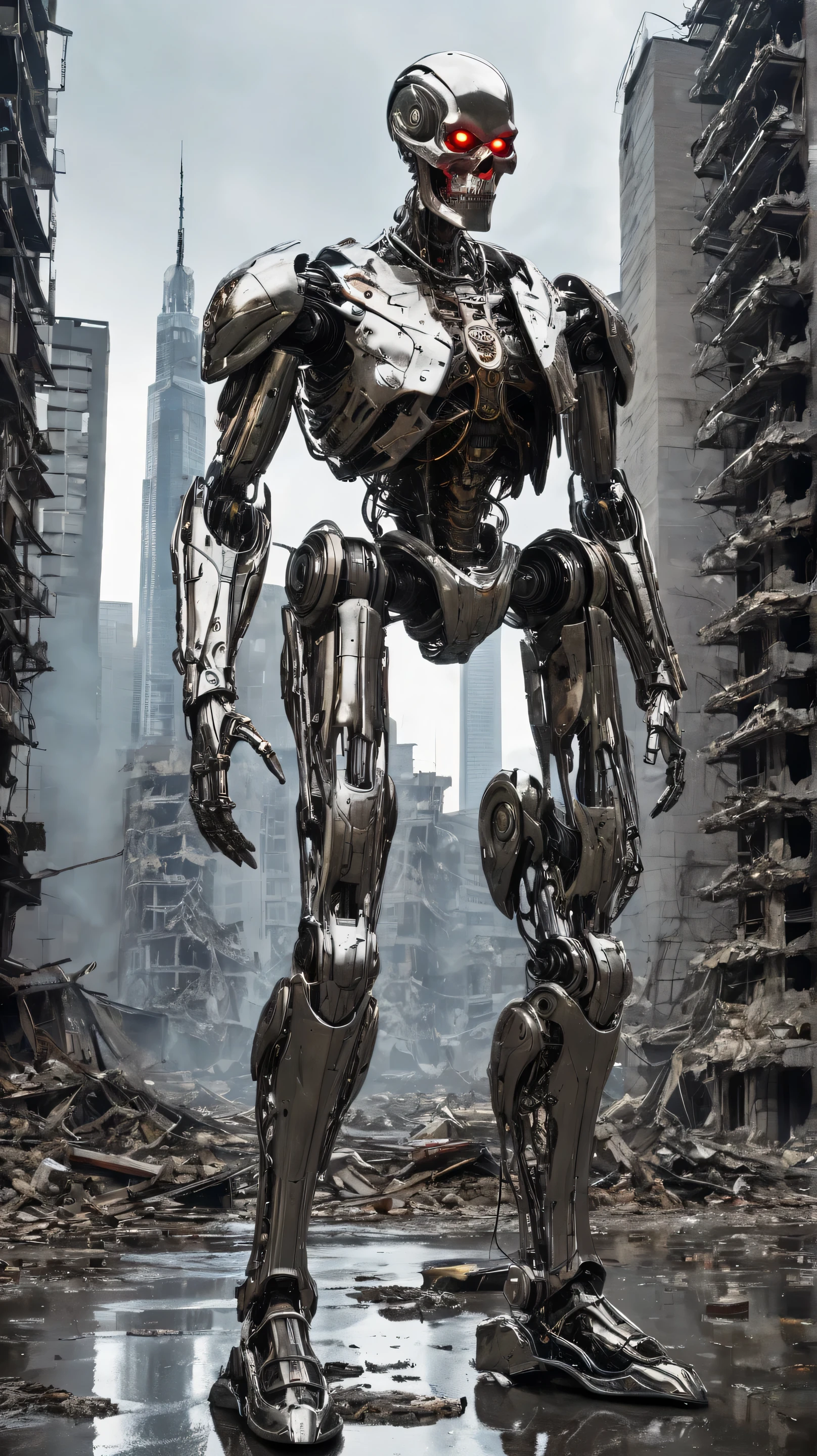 "A futuristic, menacing android stands in the middle of a ruined city. Its metallic body is highly polished, with a skeletal structure made of chrome alloy that gleams under the dim light of a cloudy sky. Its face, inspired by a human skull, has a sinister expression with glowing red eyes that emit an ominous glare. Its torso is muscular, designed with armored plates mimicking a human chest but with a highly detailed biomechanical aesthetic. Its limbs are slender yet incredibly durable, with exposed joints revealing the intricate engineering behind its construction. Behind it, the skyscrapers of a post-apocalyptic metropolis loom like shadows on the horizon, while debris and remnants of civilization litter the ground. The scene conveys a sense of technological domination and the cold indifference of the machine."