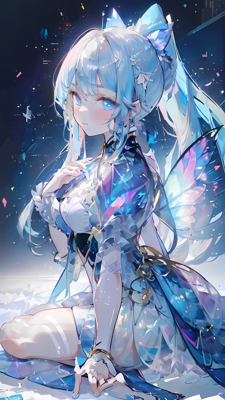 ((best quality)), ((masterpiece)), (detailed), perfect face, textured skin, ((super detail)), high quality, high details, hologram, Holographic colors, cyberpunk, cyberspace dweller, swallowtail butterfly wings, Blue hair, long ponytail, Blue eyes, Kneel, support herself with her right hand
