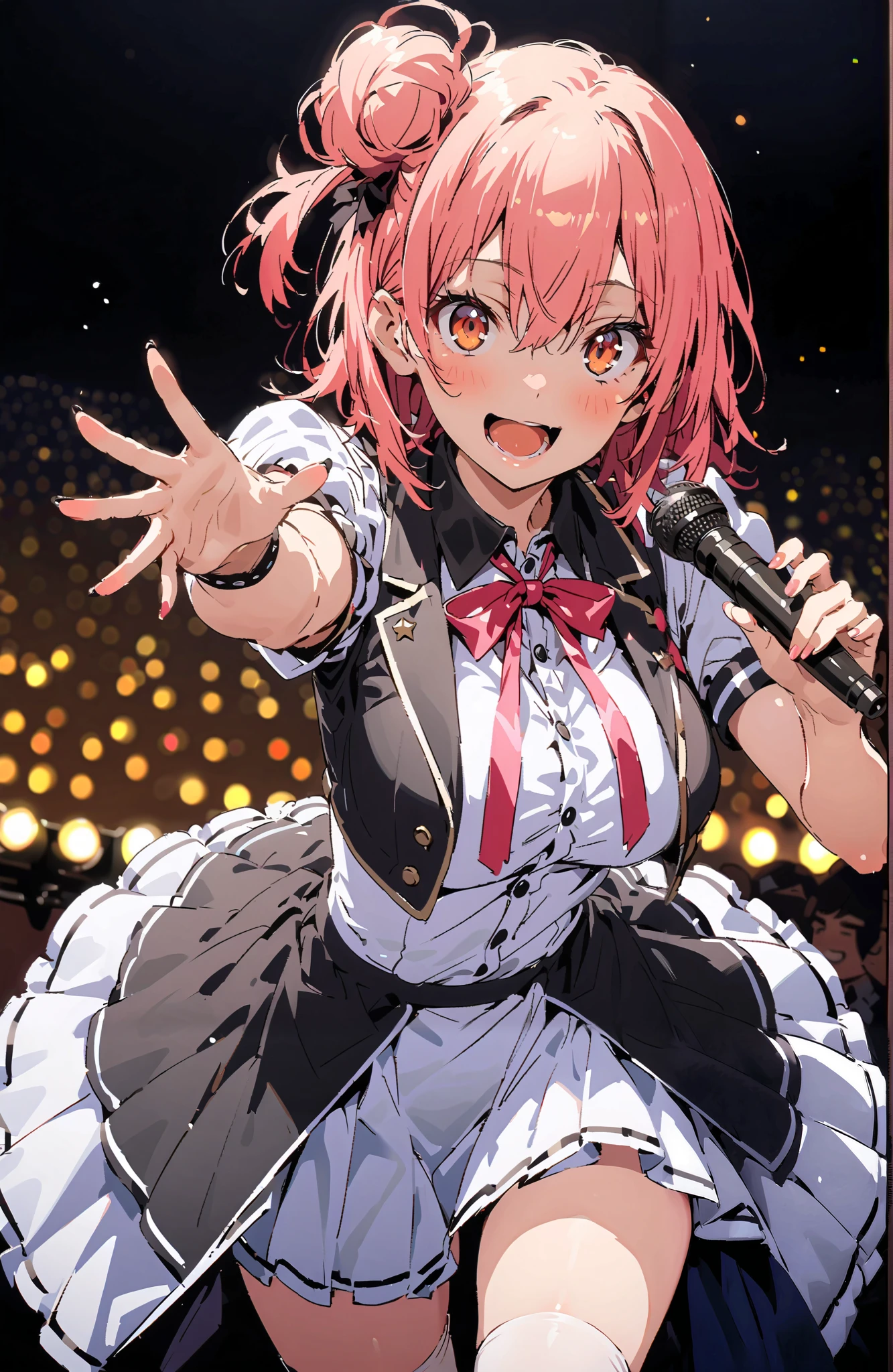 brown eyes,smile,blush, open your mouth, pink hair with crotch,