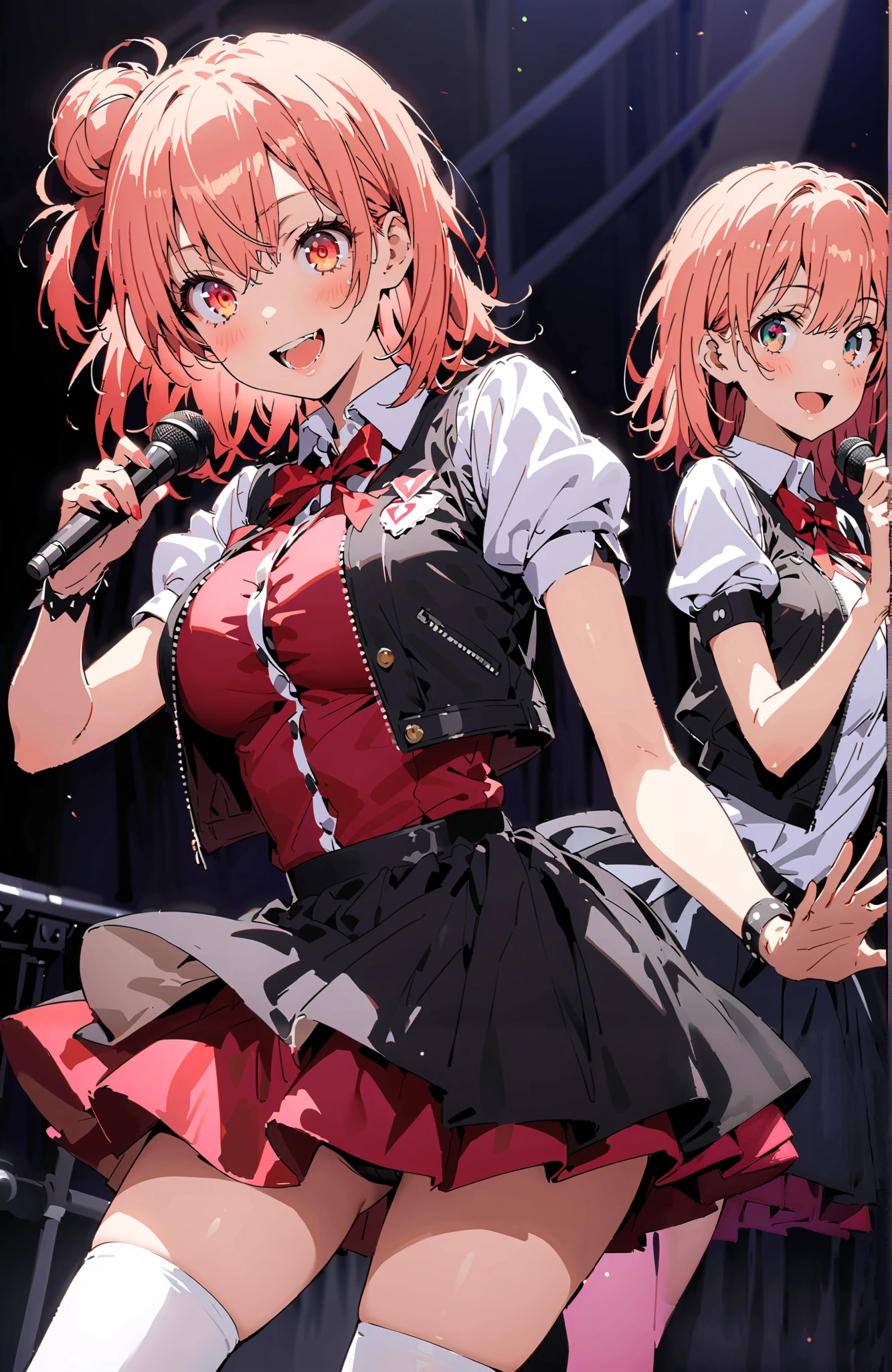 yuiyuigahama, Yuigahama Yui , short hair, brown eyes, pink hair with crotch, hair bun, single hair bun,Big Breasts,smile,blush, open your mouth, idol costume, dress,collared dress, jacket,cropped jacket,Short sleeve,bowtie,bow,button, above Decorati has , standing,( white knee-highs:1.2),shoes,アイドル歌手がライブ stageで熱狂的に歌うシーンの illustrations,アイドル歌手が stage中央に standing, idol singers sing with microphones , idol singers are serious and impressive ,The singer's voice is strong and beautiful. , stageの周りにはファンが集まる, fans sing and dance with idol singers Idol singers who do things ,The Big Picture, Various colored lights ,whole bodyが illustrationsに入るように,
break indoors, stage,
break looking at viewer,whole body,
break ( Masterpiece:1.2), top quality, Hi-Res, Unity 8k Wallpaper, ( illustrations:0.8), (beautiful detailed eyes:1.6), very detailed face, perfect lighting , Extremely detailed CG, ( perfect hand, perfect anatomy),