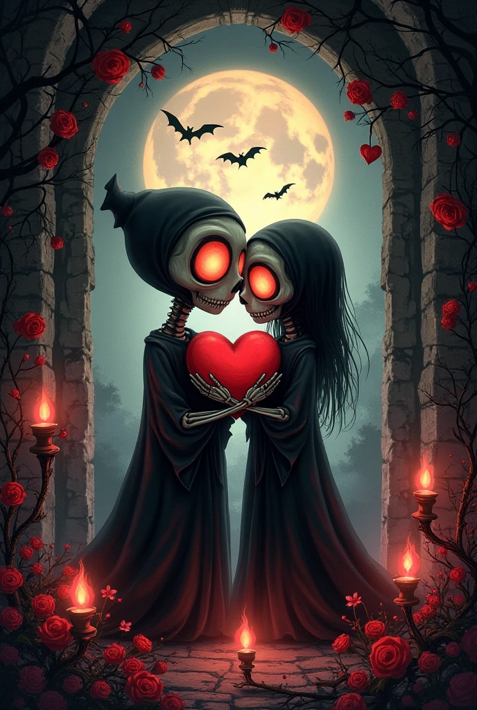 kissing, dark aesthetic, Acute beautiful creepy dark humanoid figure, holding a red heart shape balloon, horn and ragged rope,  scary, eerie, stunning fantasy illustration, dark details, attention to detail, fantasy, rusty metal and bloody hell, roses, skull, monsters, art by wlop, good anatomy, OverallDetail