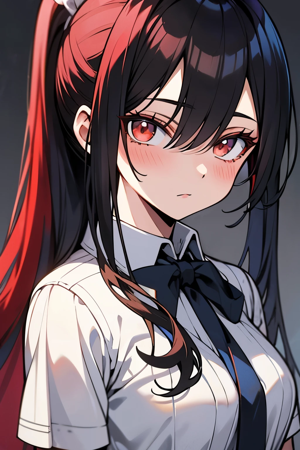 absurdres, highres, ultra detailed, Erza scarlet ,blush , solo, brown eyes, school uniform, medium chest, looking at viewer, ponytail hairstyle.