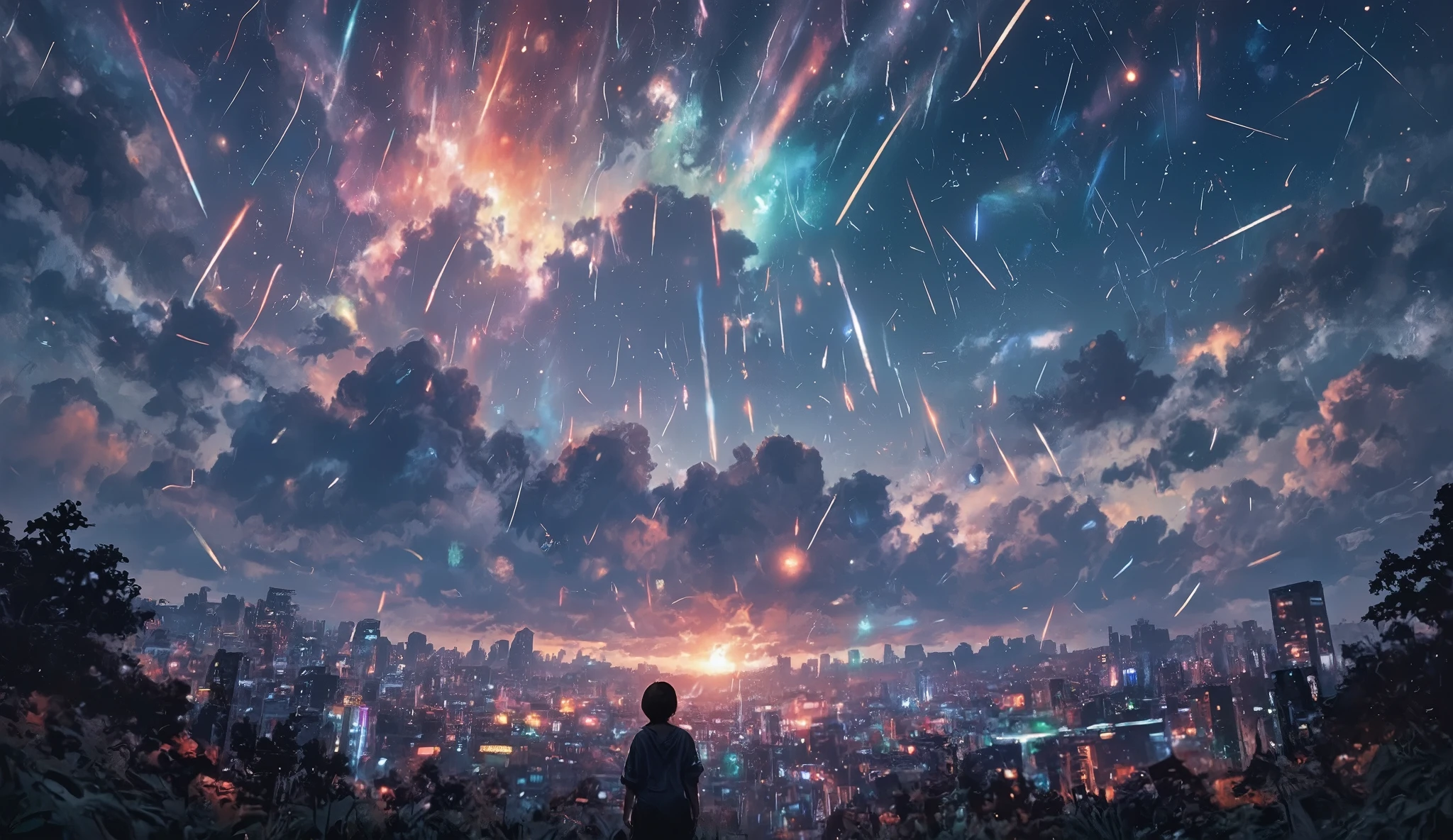 Dutch angle view of a very beautiful end-of-world scene , Lots of beautiful meteors are pouring down 、Blowing away the clouds 、 illuminating a beautiful vibrant city . a very dynamic and dramatic picture . The sky is 、 beautifully spread out in rare and impossible colors . people々 is looking up at it from below .