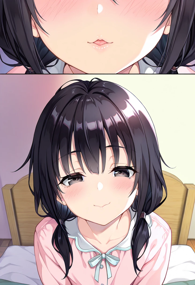 ((Highest quality)), ((masterpiece)), (detailed),nsfw,1girl,midium hair,low twintails,black hair,(light pink pajamas),(long sleeb shirt),smile,bed,bed room,close,(waiting for kiss:1.4),(close eyes),shameful,close up,