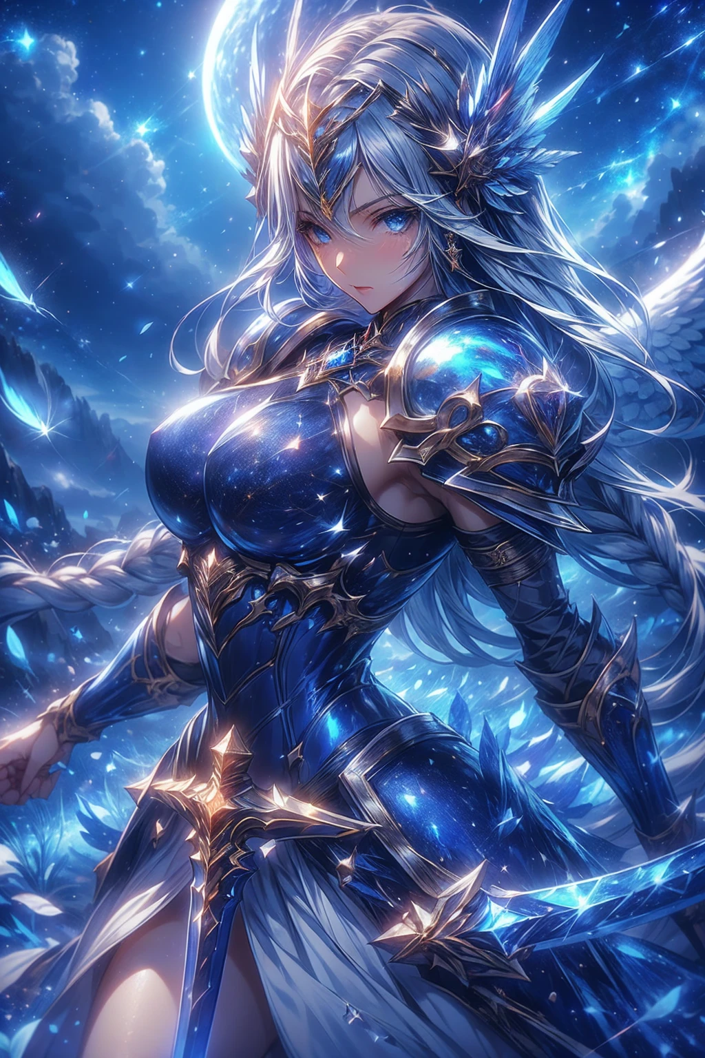 Woman in a futuristic suit, Very detailedな顔, Nice, Mother, Tomboy, Very large breasts, Combat Uniform, Cyber Suit, Anime girl in a tight suit, Milfication, Elegant body, Focus on the navel, gloves, Earrings, foot armor, sf, Female protagonist, Are standing, Volumetric Light, Detailed lighting, Detailed Texture, BoobsCyberpunk, Biomechanical , masterpiece, Top quality eyes, sfの背景, Futuristic landscape、Finding、Ultra-realistic, Ultra-realistic, Very detailed, (Cyber Samurai, ((alone)), Attack with the white sword, Wearing white armor and a mask, Cape, Shineing beautiful purple eyes, Shine:1.3) (Shineing simple black background:1.25),
