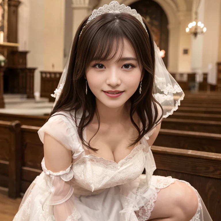(Best Quality, 8k, 32k, Masterpiece, UHD: 1.2), Dainty Japan Woman Pictures, 1 Young Girl, (Medium-Short Dark Brown Hair), Double Eyelids, (Big: 1.2), Sexy, (Wedding Dress, Wedding Veil)), (Deep Slit: 1.2), (Smile: 1.1), (Overhead Shot), Off-Shoulder, (( In the church)), showing cleavage, face focus, cleavage cutout